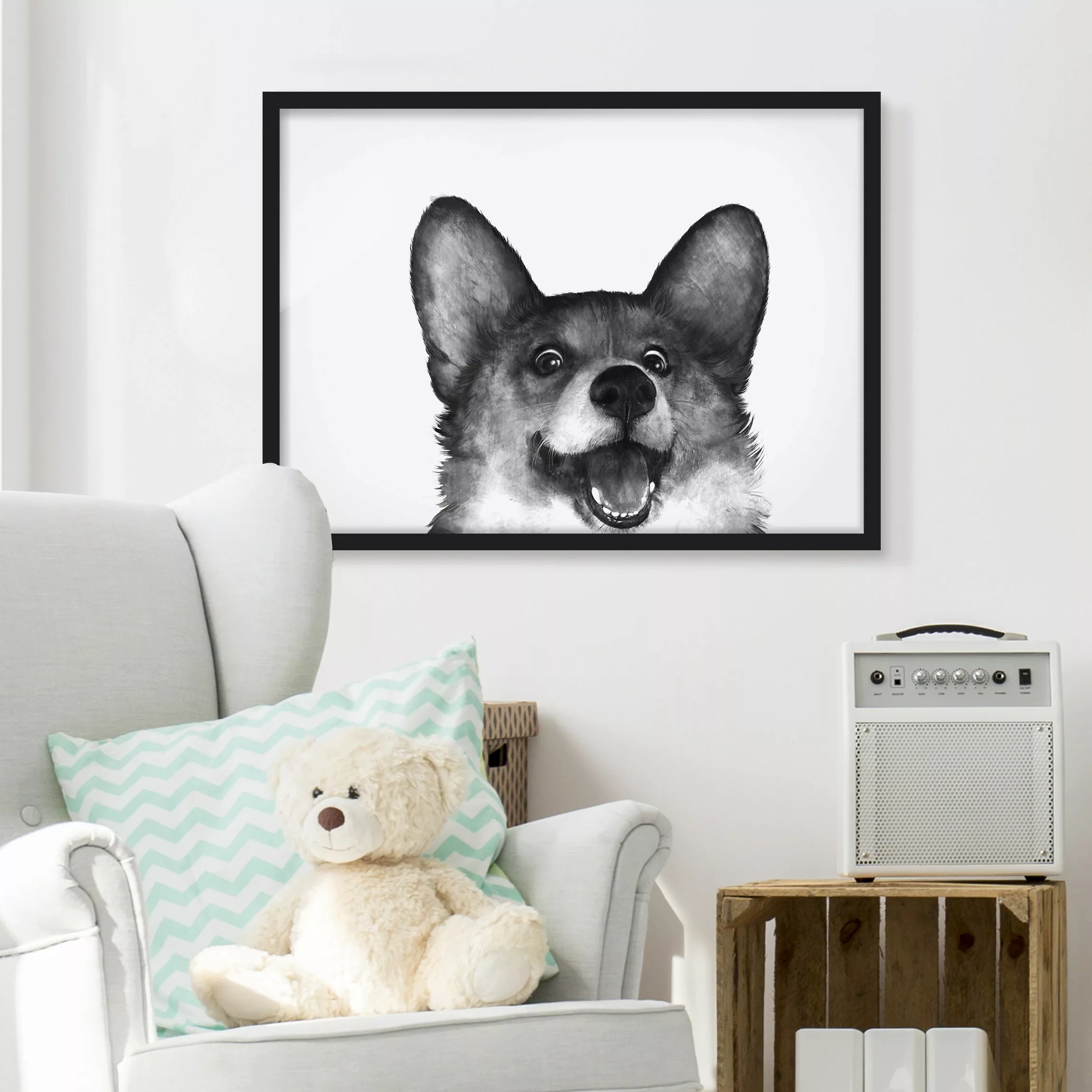 Bild mit Rahmen - Querformat Illustration Hund Corgi Weiß Schwarz Malerei günstig online kaufen