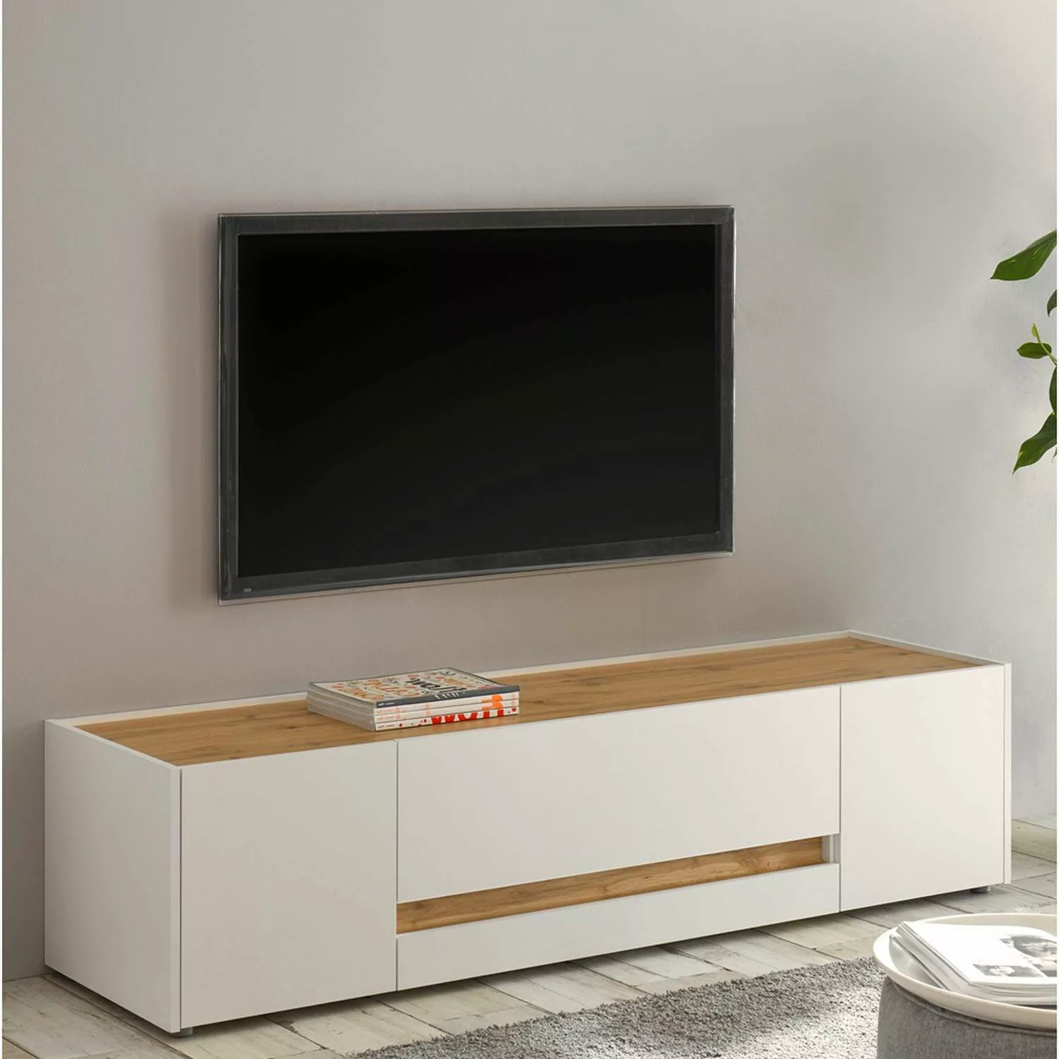 Wohnzimmer Lowboard modern CRISP-61 in weiß mit Absetzungen in Wotan Eiche günstig online kaufen