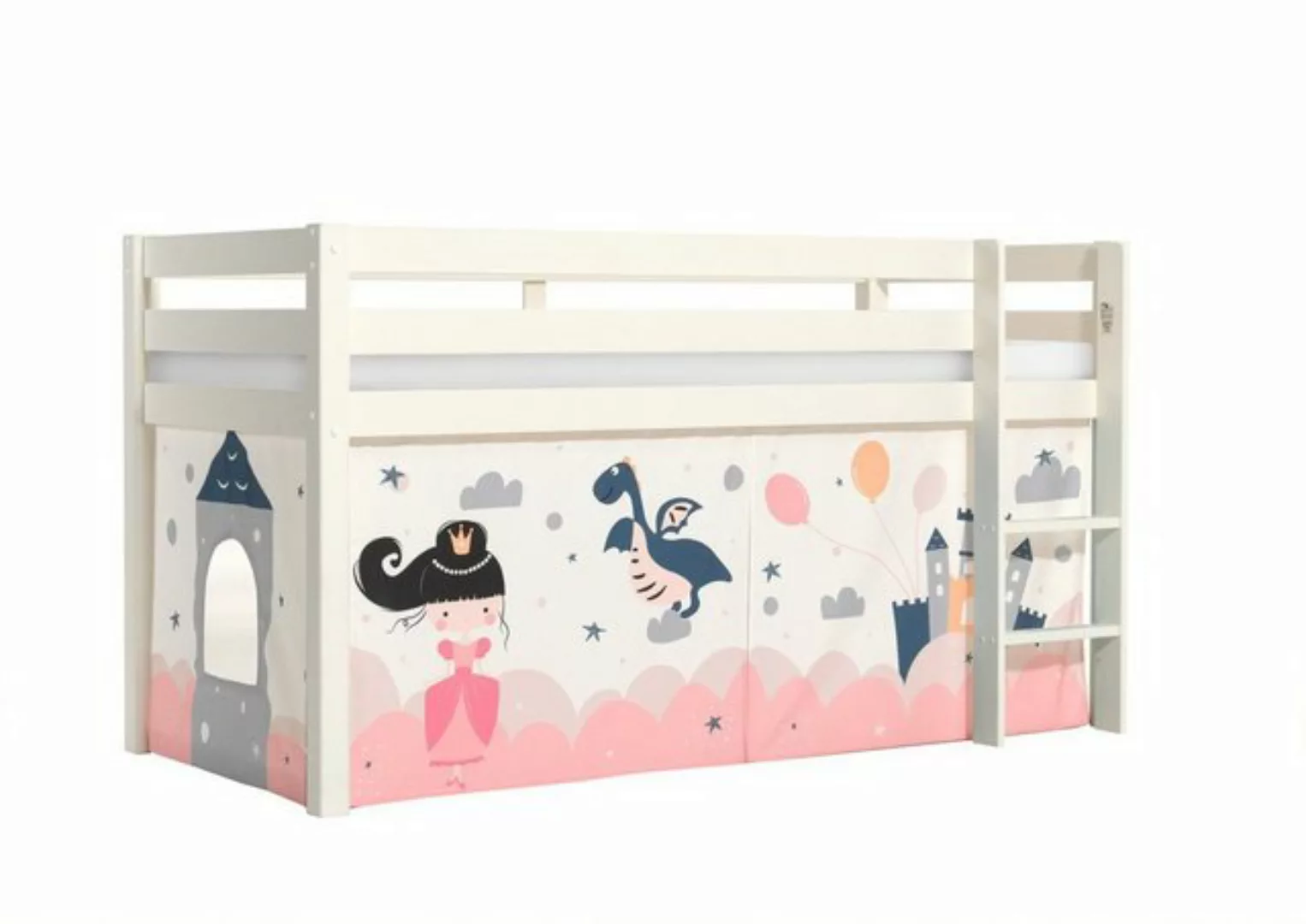 Natur24 Kinderbett Halbhohes Bett Pino mit Textilset Pirat Kiefer Weiß lack günstig online kaufen