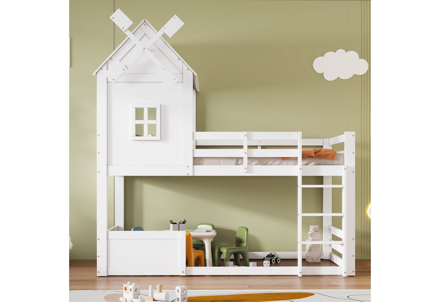 OKWISH Etagenbett Kinderbett Hausbett mit Windmühle, Kinderbett mit Dach un günstig online kaufen