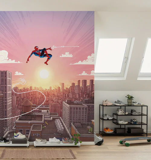 Komar Vlies Fototapete Marvel Spider-Man Swinging Through The Air Rosa günstig online kaufen