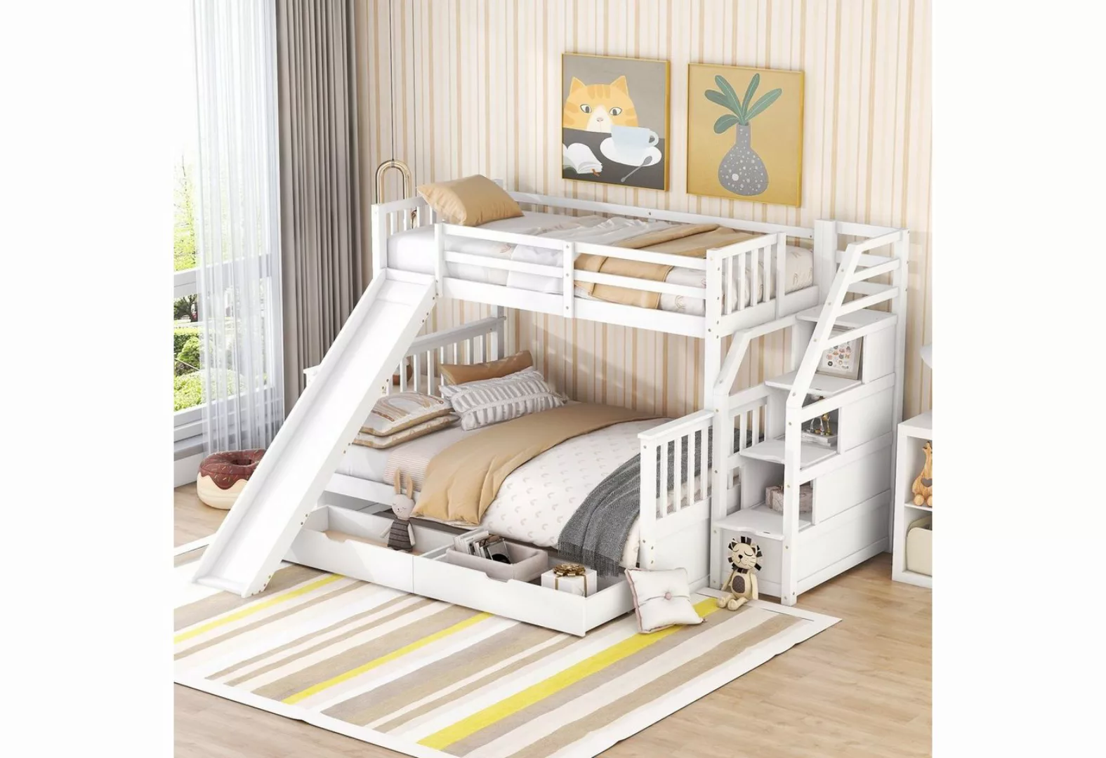 Flieks Etagenbett, Kiefer Kinderbett mit Rutsche & Schubladen 90x200cm+140x günstig online kaufen