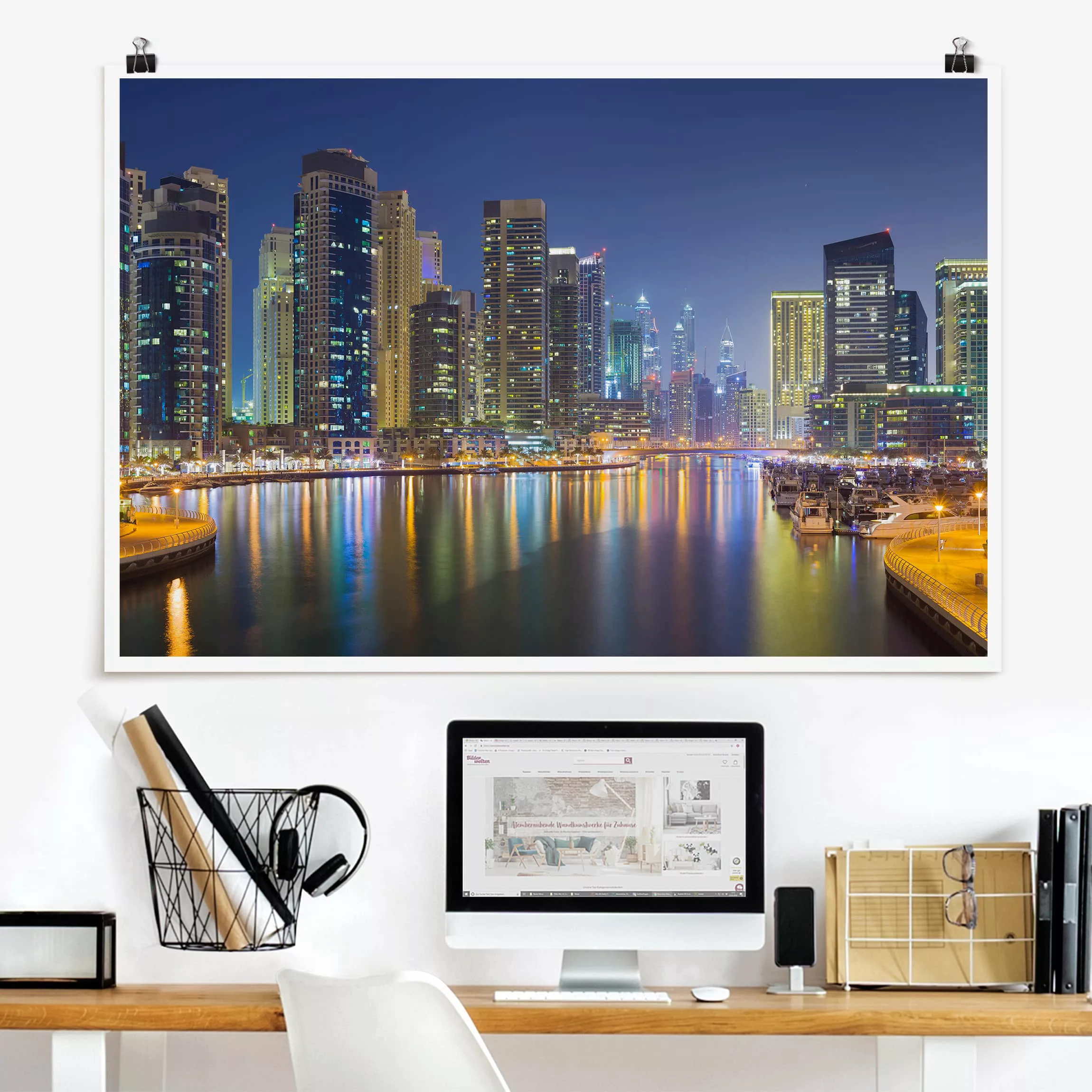 Poster Architektur & Skyline - Querformat Dubai Nacht Skyline günstig online kaufen