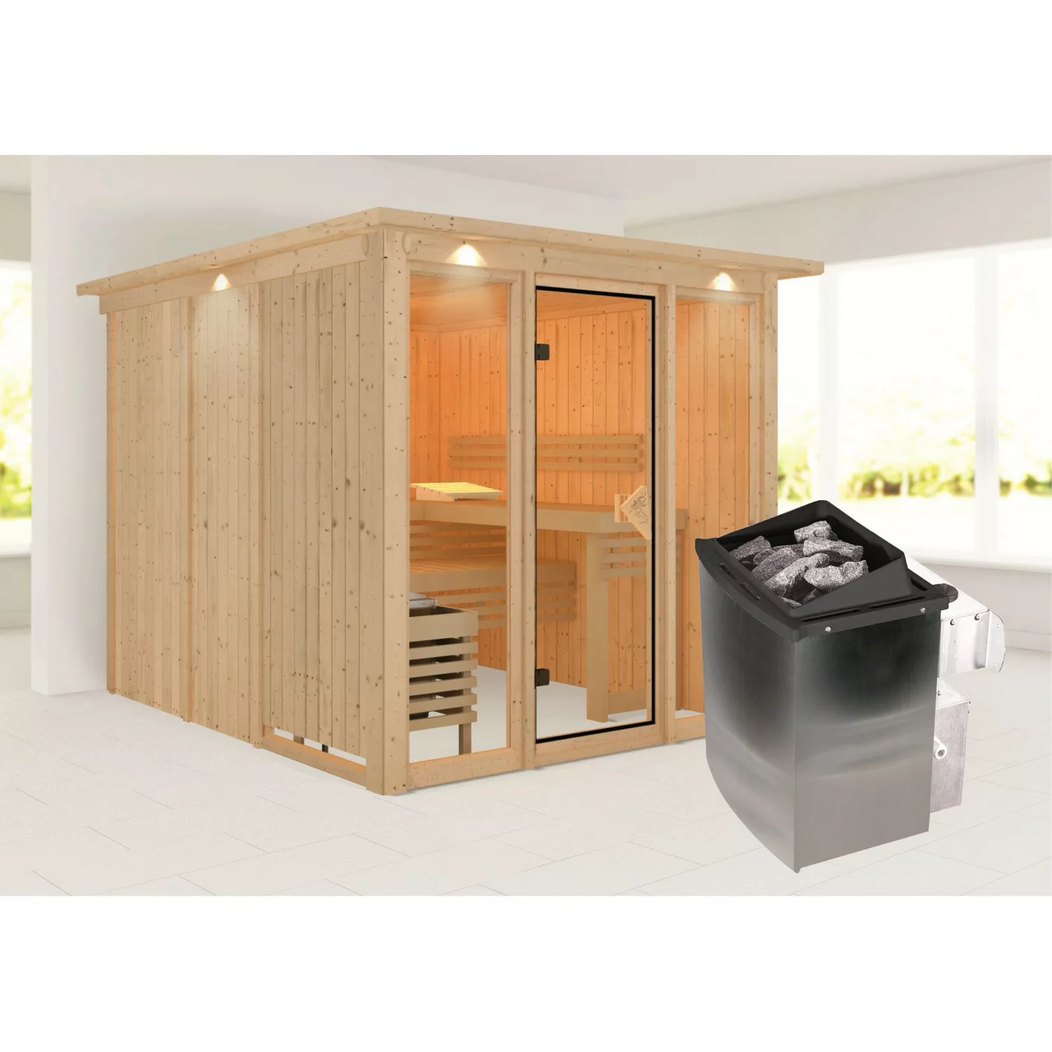Karibu Sauna Svava Glasfront mit Kranz Set Natur m. Ofen 9 kW integr. Strg. günstig online kaufen