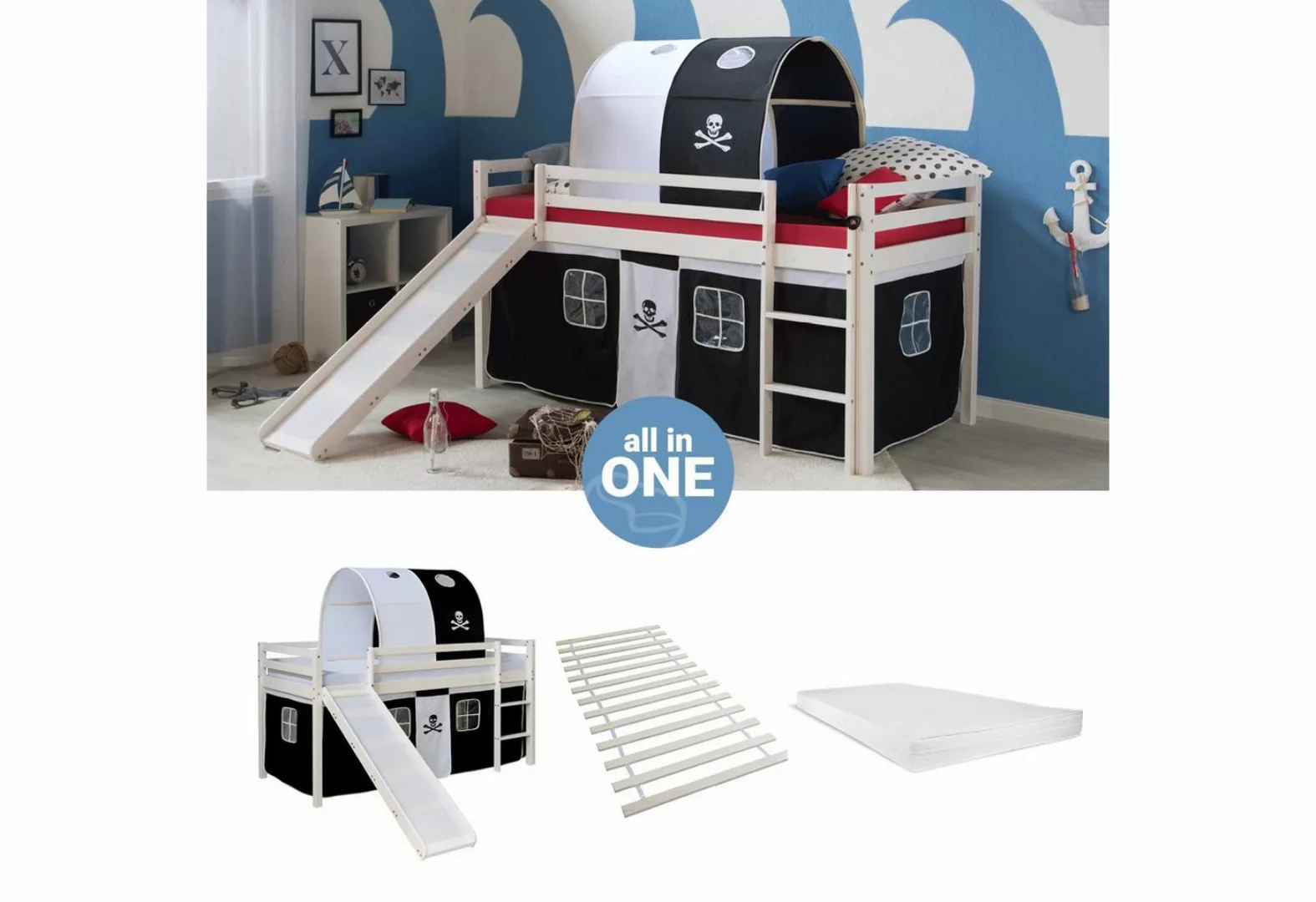 Homestyle4u Hochbett 90x200 cm Kinderbett Weiß mit Vorhang Spielbett für 1 günstig online kaufen