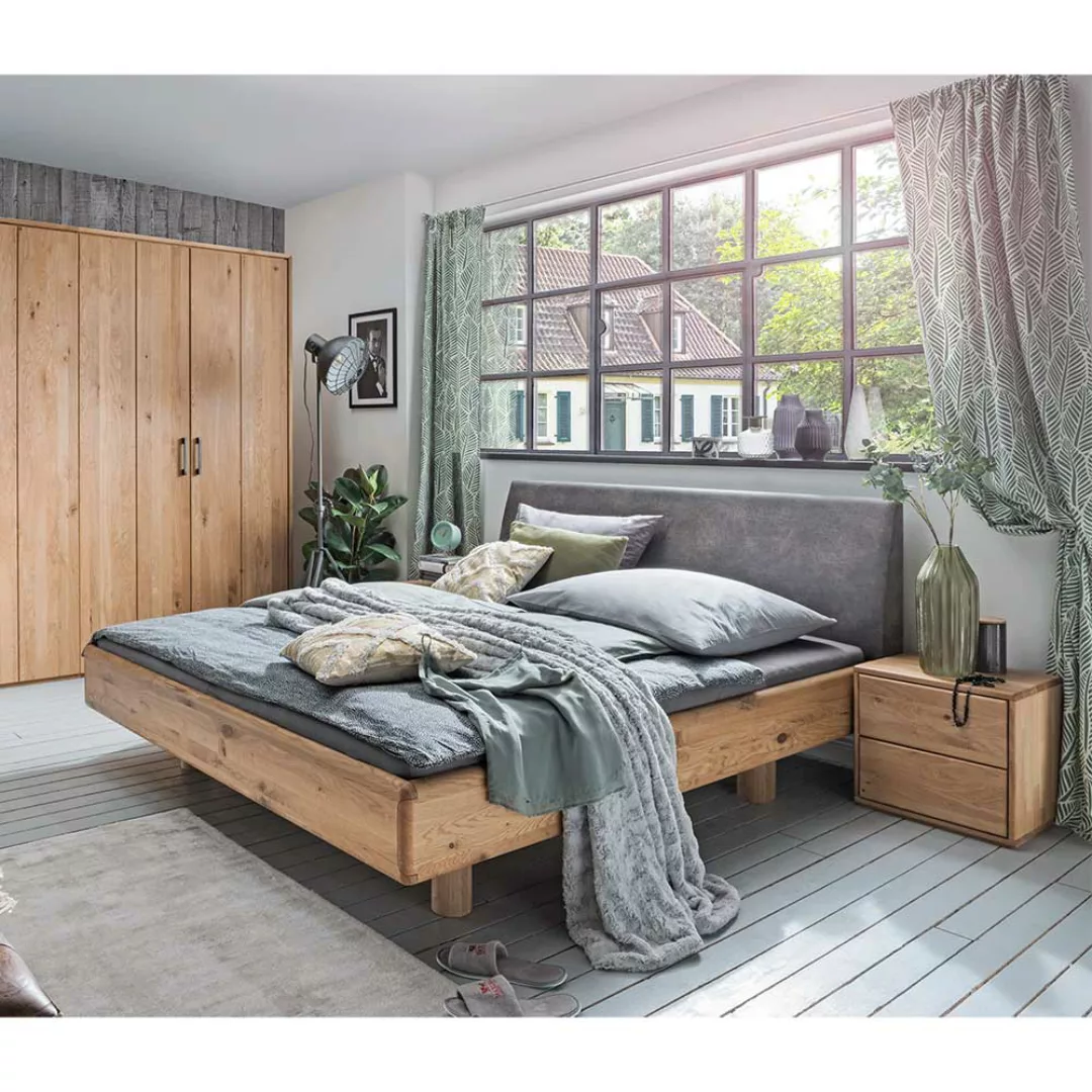 Doppelbett mit Polsterkopfteil aus Wildeiche Massivholz 90 cm hoch (dreitei günstig online kaufen