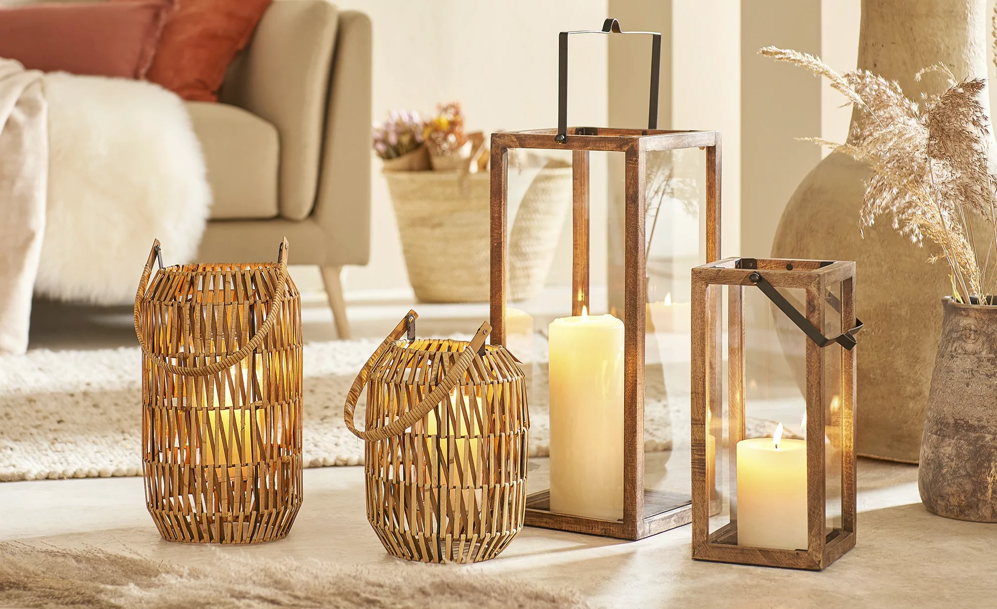 Laterne   ¦ braun ¦ Rattan,Metall,Glas ¦ Maße (cm): H: 56  Ø: 21 Accessoire günstig online kaufen