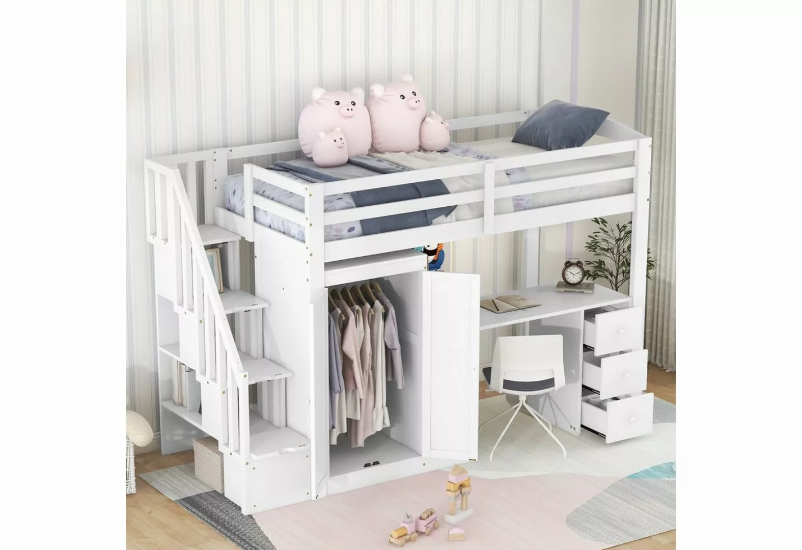 Odikalo Kinderbett Hochbett, Kleiderschrank Treppe Schreibtisch Schubladen, günstig online kaufen