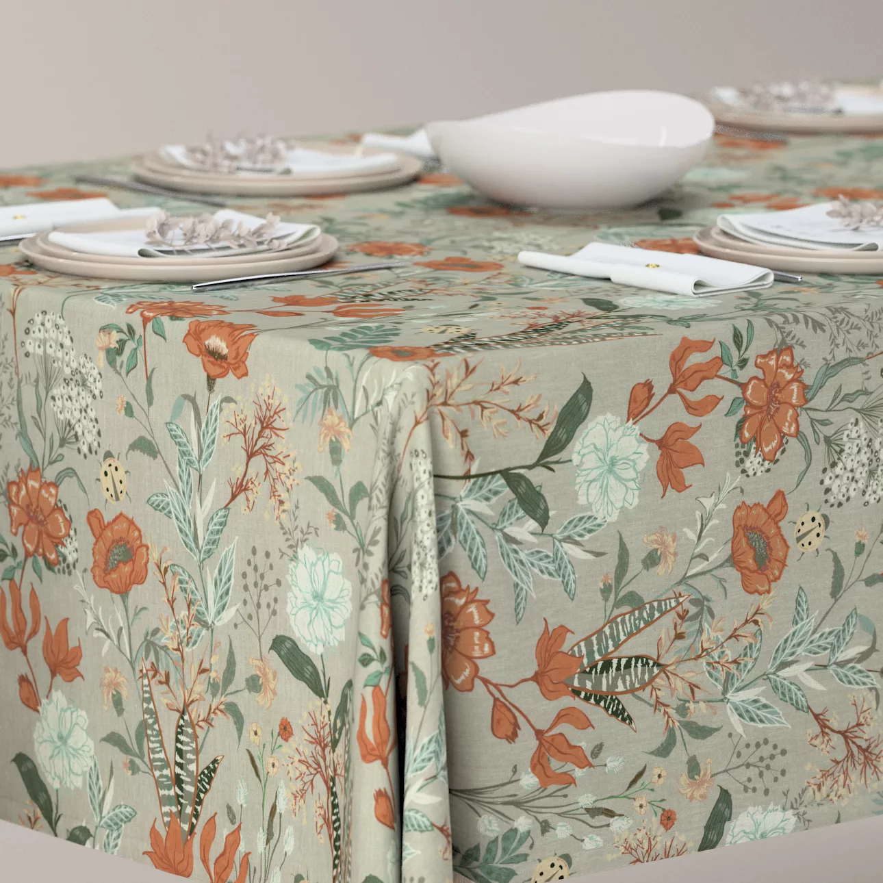 Rechteckige Tischdecke, grau-orange-grün, Flowers (143-70) günstig online kaufen