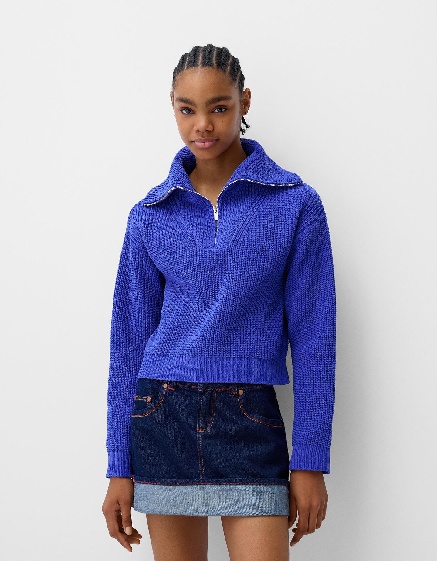 Bershka Rollkragenpullover Mit Reißverschluss Damen Xs Blau günstig online kaufen