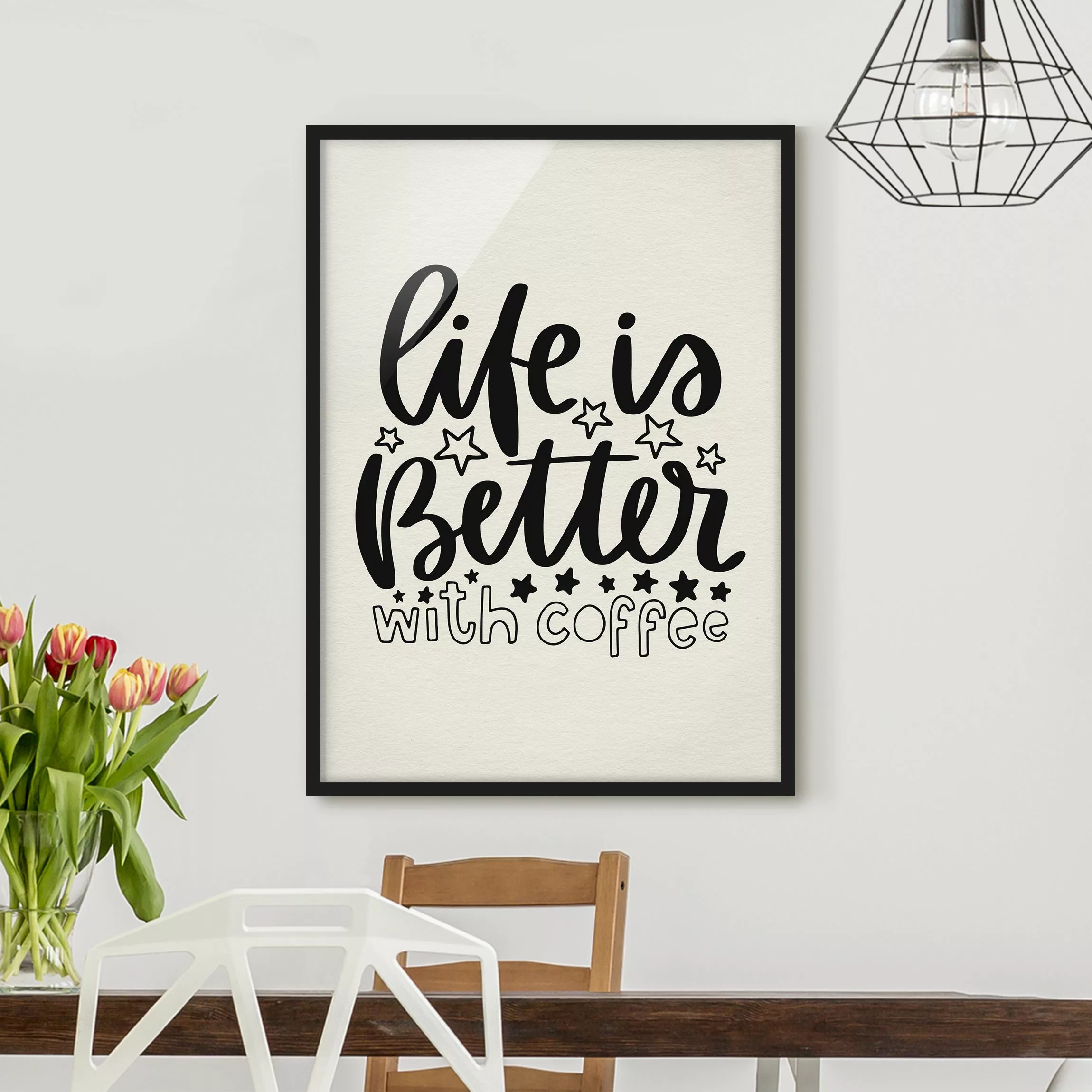 Bild mit Rahmen Spruch - Hochformat life is better with coffee günstig online kaufen