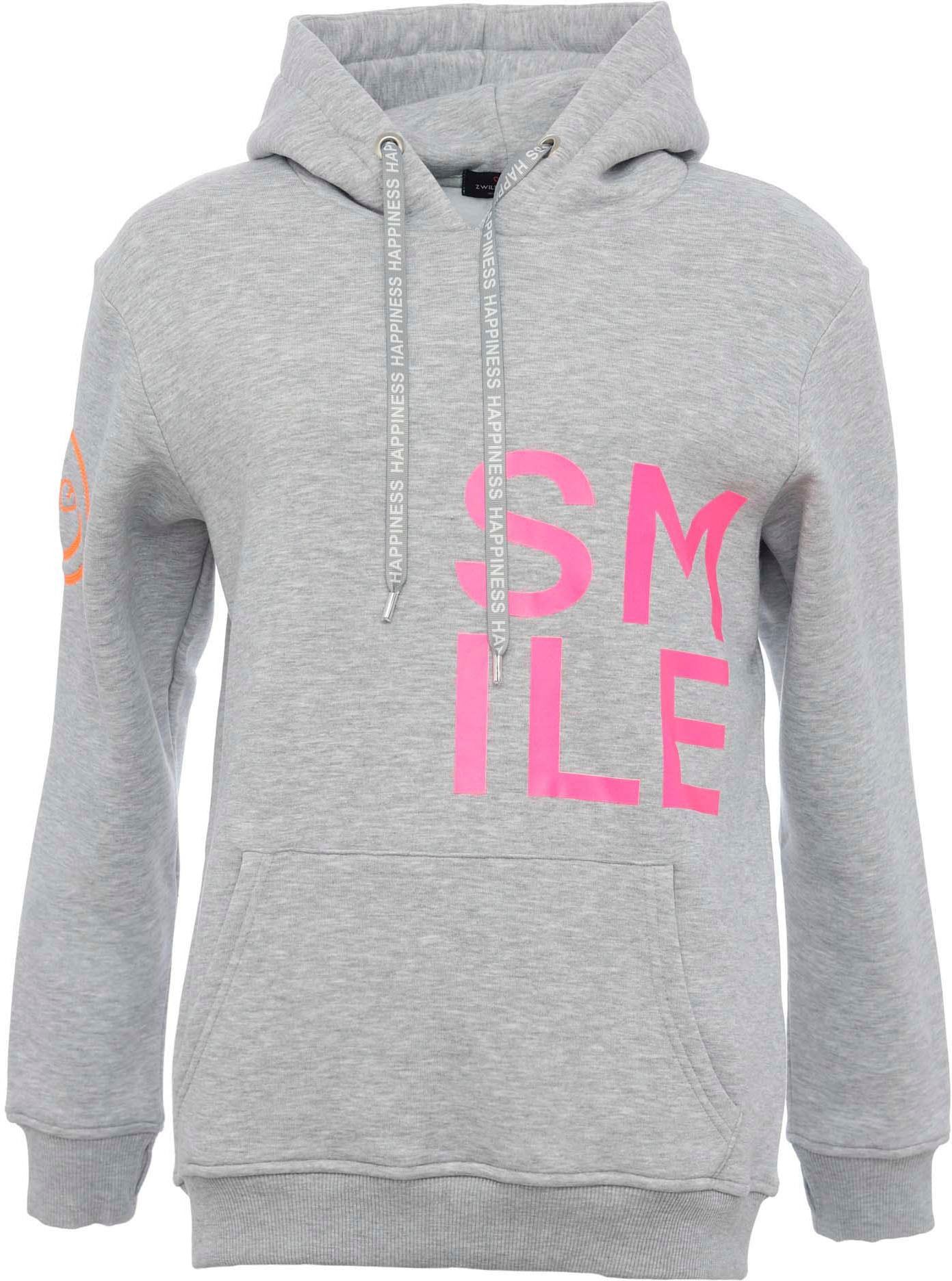 Zwillingsherz Kapuzensweatshirt mit "Smile"-Aufdruck in Neonfarben und gest günstig online kaufen