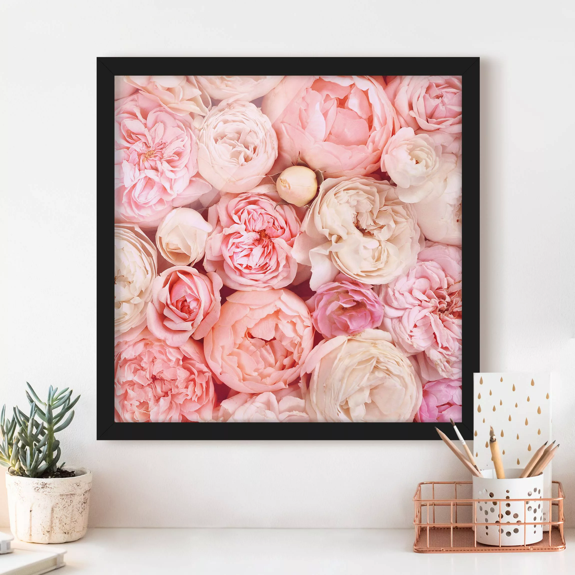 Bild mit Rahmen Blumen - Quadrat Rosen Rosé Koralle Shabby günstig online kaufen