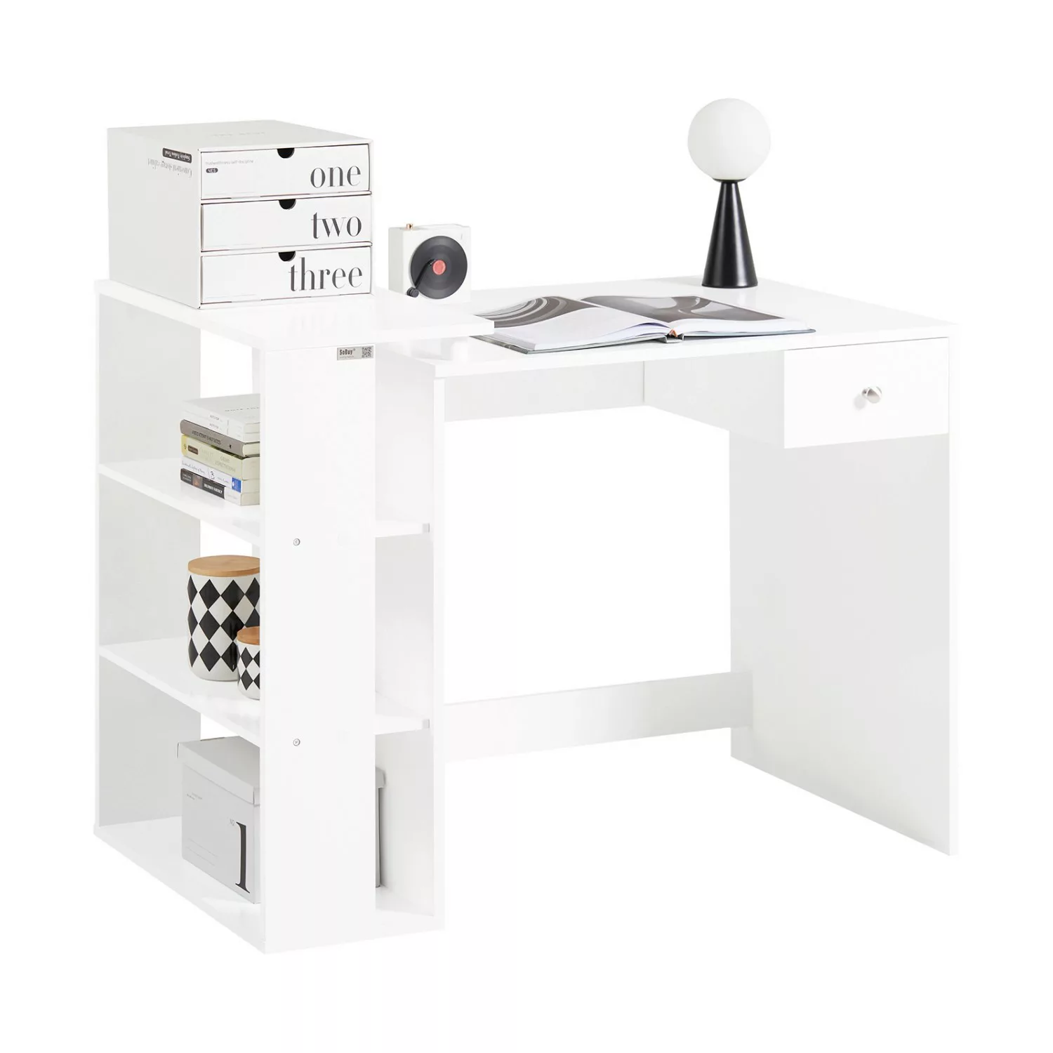 SoBuy Schreibtisch mit 1 Schublade und 3 Ablagen MDF Weiß FWT35-W günstig online kaufen