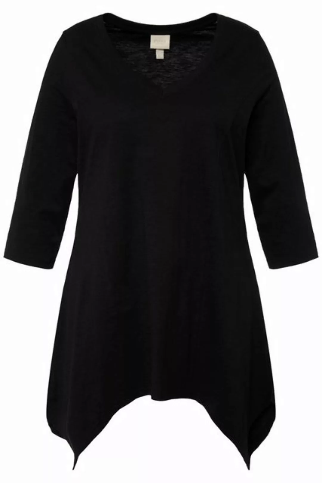 Ulla Popken Rundhalsshirt Shirt Zipfelsaum V-Ausschnitt 3/4-Arm Biobaumwoll günstig online kaufen