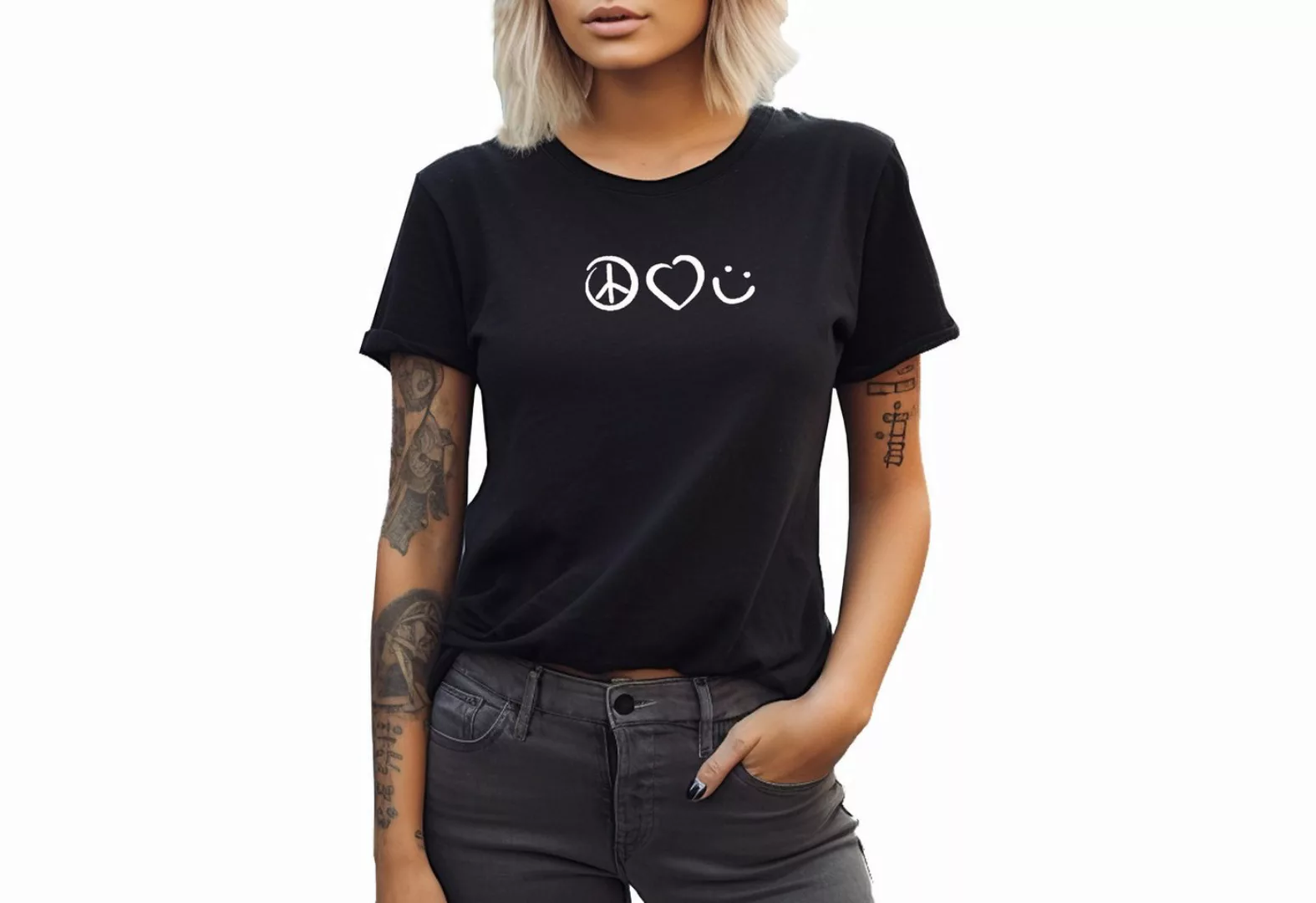 Banco T-Shirt Damen Kurzarm Peace, Love, Smile Unifarben Unifarben günstig online kaufen