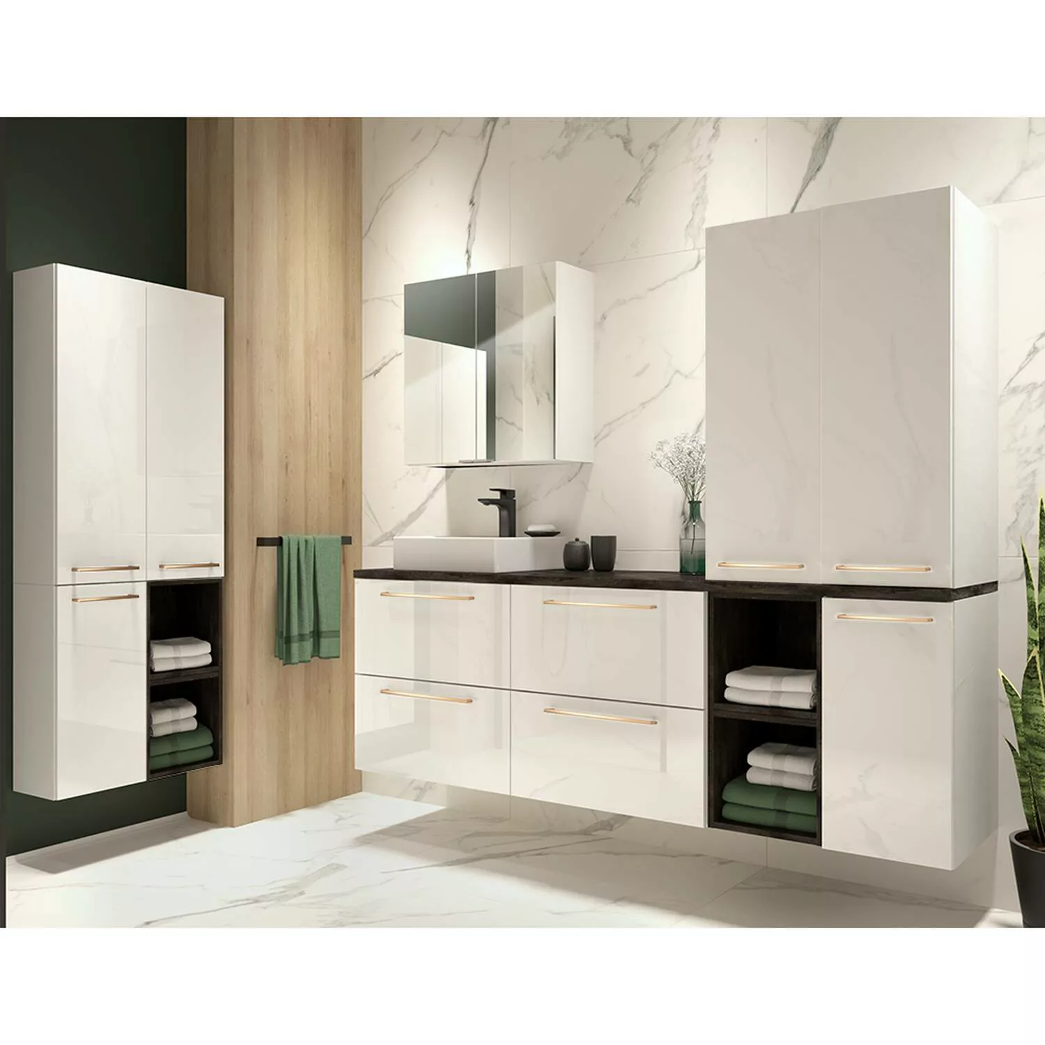 Lomadox Badezimmer Set in weiß Hochglanz lackiert mit Metallgriffen in kupf günstig online kaufen