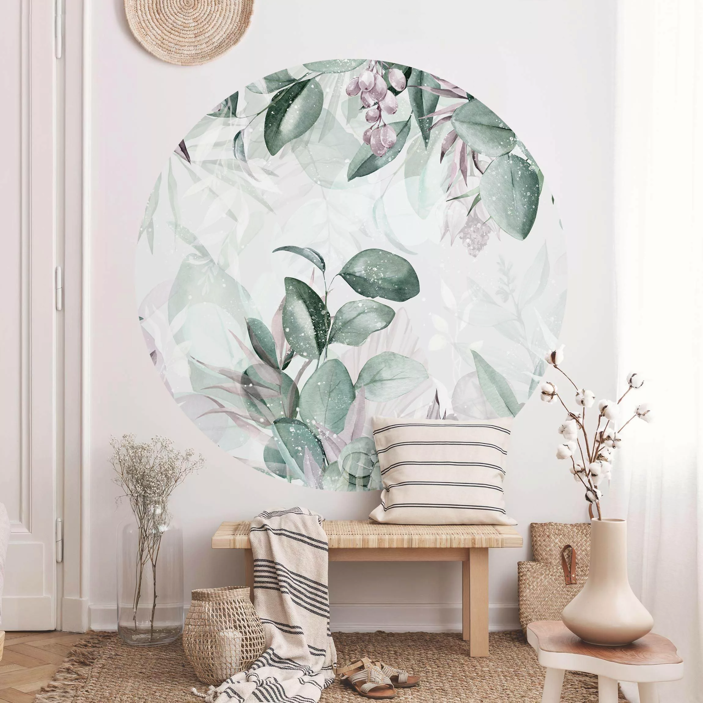 Runde Tapete selbstklebend Botanik in Pastell Grün & Rosa günstig online kaufen
