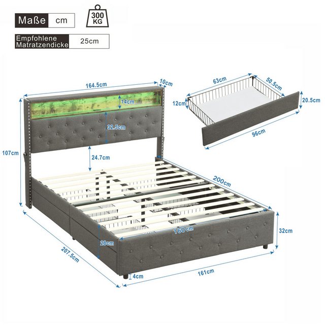 BlingBin Polsterbett mit LED-Kopfteil (1-tlg., Nachttisch-USB-Schnittstelle günstig online kaufen