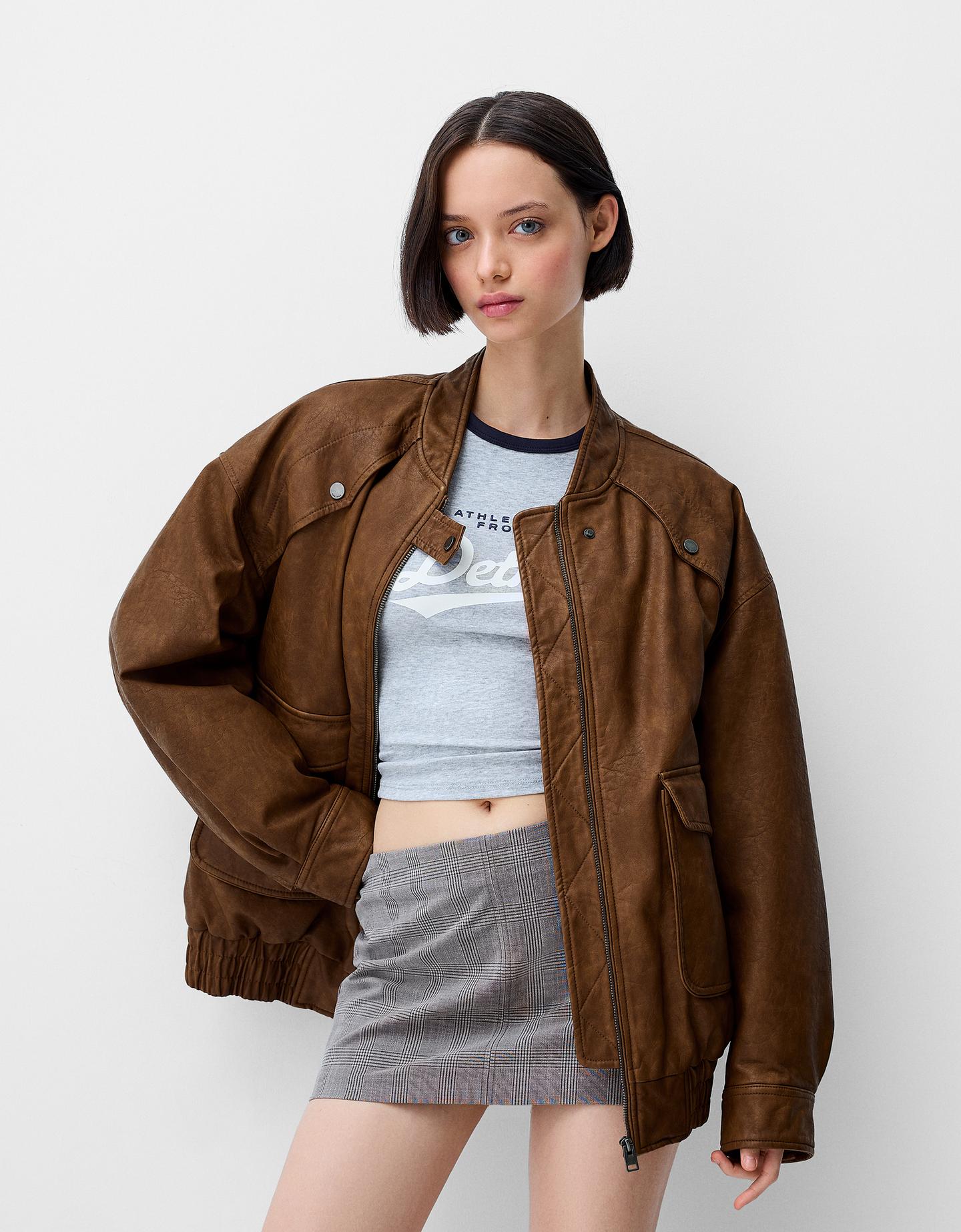 Bershka Oversize-Jacke Aus Kunstleder Damen S Braun günstig online kaufen