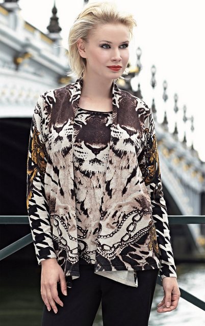 Passioni Strickpullover mit integrierter Strickjacke im Leoparden- und Hahn günstig online kaufen