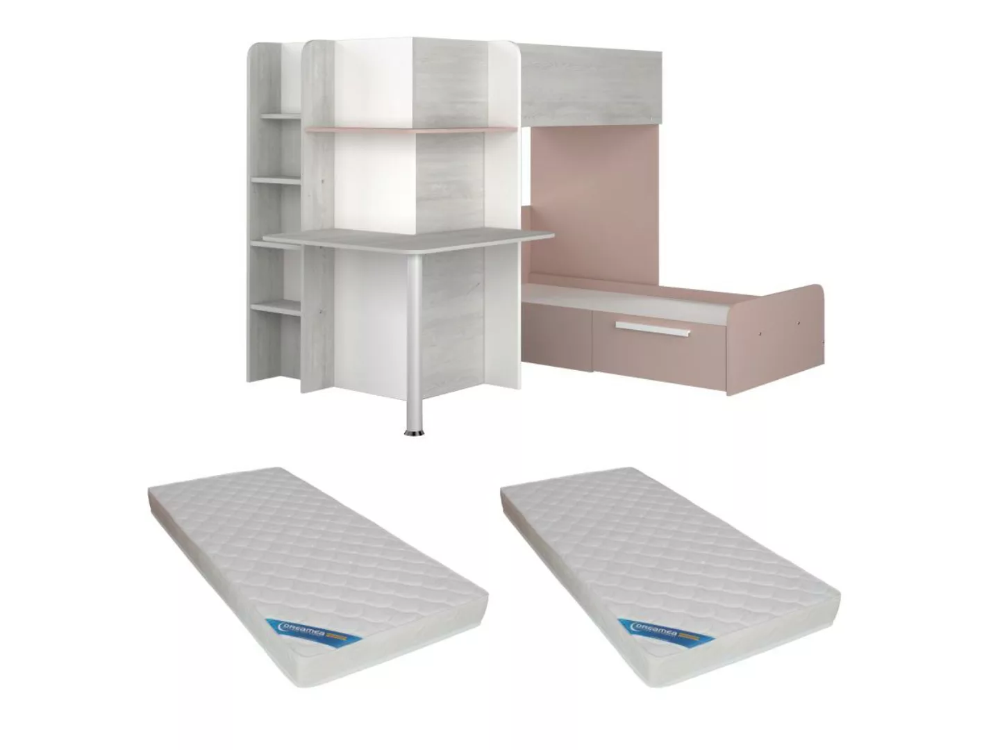 Eck-Hochbett - 2 x 90 x 190 cm - Mit Schreibtisch - Grau, weiß & rosa + Mat günstig online kaufen