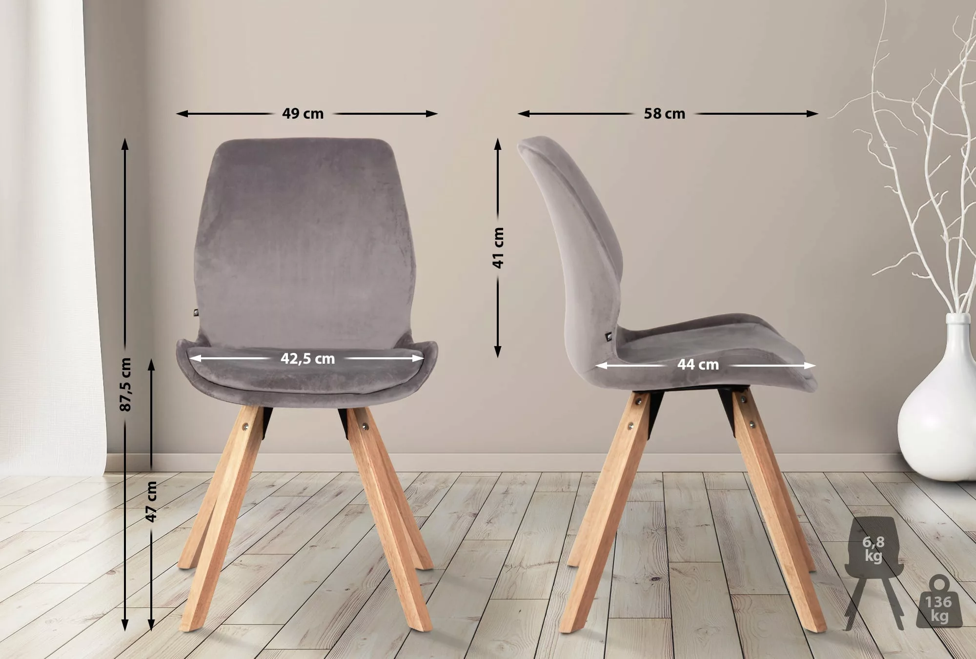 4er Set Stuhl Luna Samt Grau günstig online kaufen