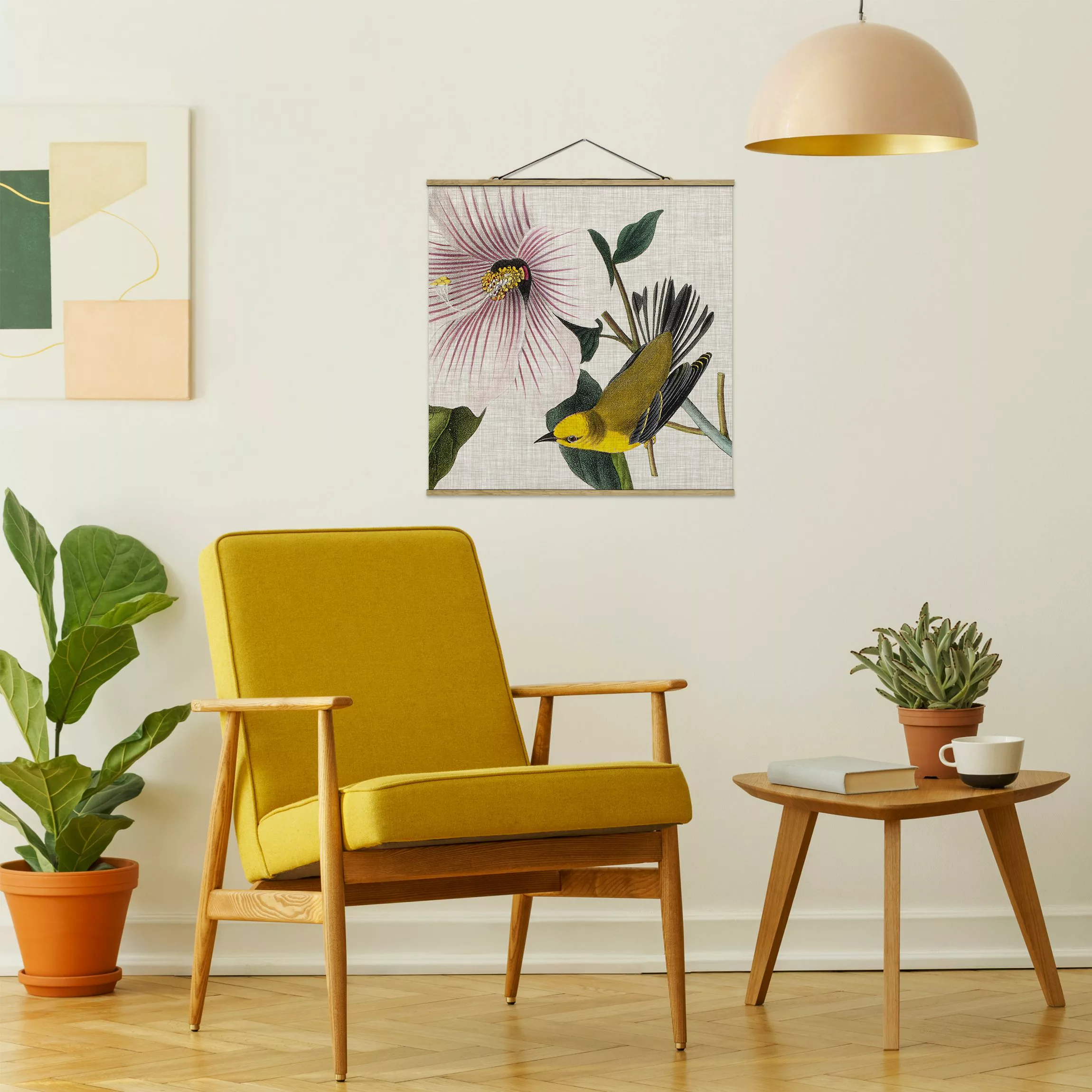 Stoffbild Blumen mit Posterleisten - Quadrat Vogel auf Leinen Gelb I günstig online kaufen