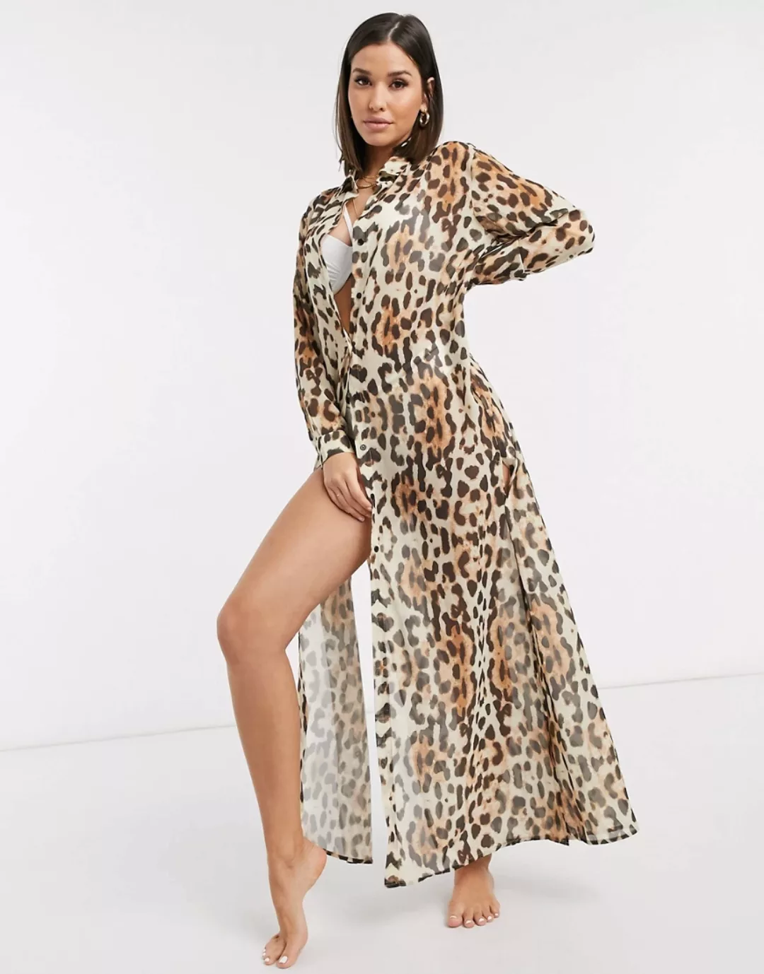 Missguided – Maxi-Strandhemd mit Leopardenmuster-Mehrfarbig günstig online kaufen