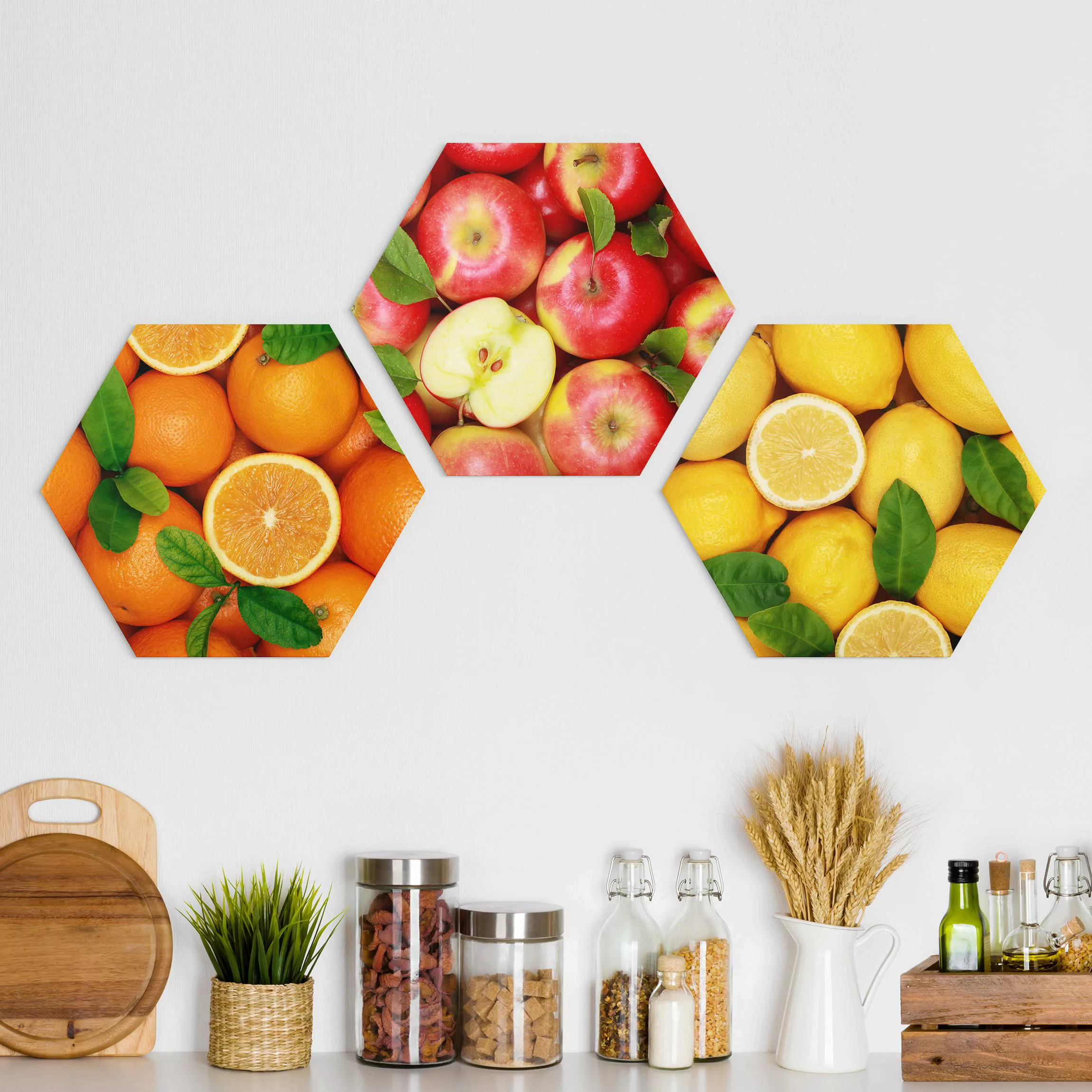 3-teiliges Hexagon-Alu-Dibond Bild Frische Früchte günstig online kaufen