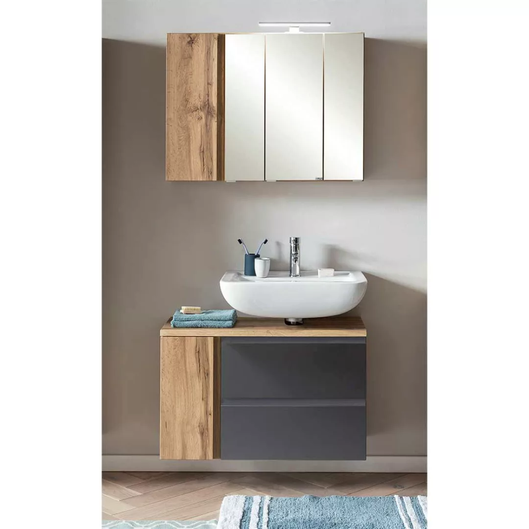 Badmöbel Set mit Spiegelschrank in Wildeichefarben Dunkelgrau (zweiteilig) günstig online kaufen