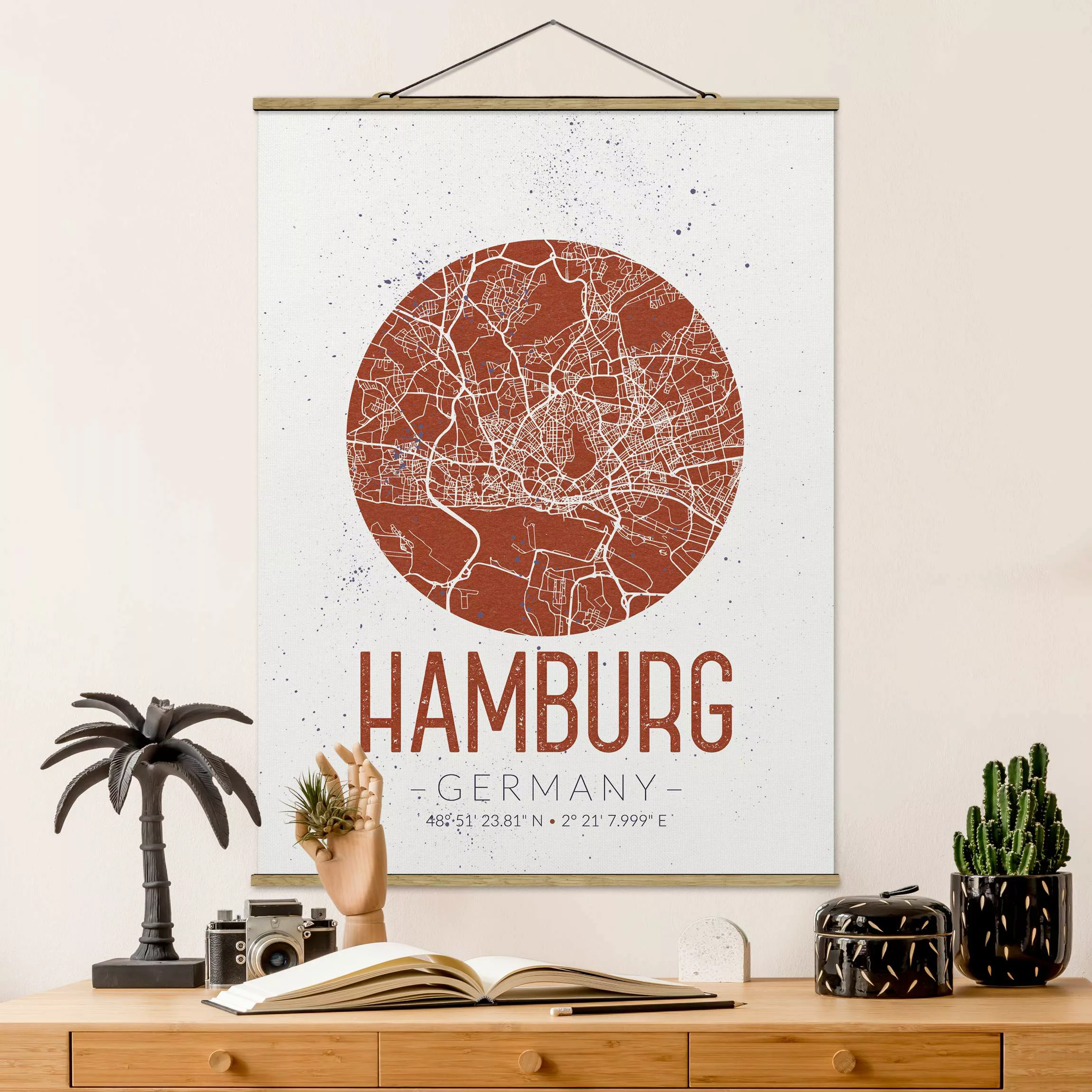 Stoffbild Karten mit Posterleisten - Hochformat Stadtplan Hamburg - Retro günstig online kaufen