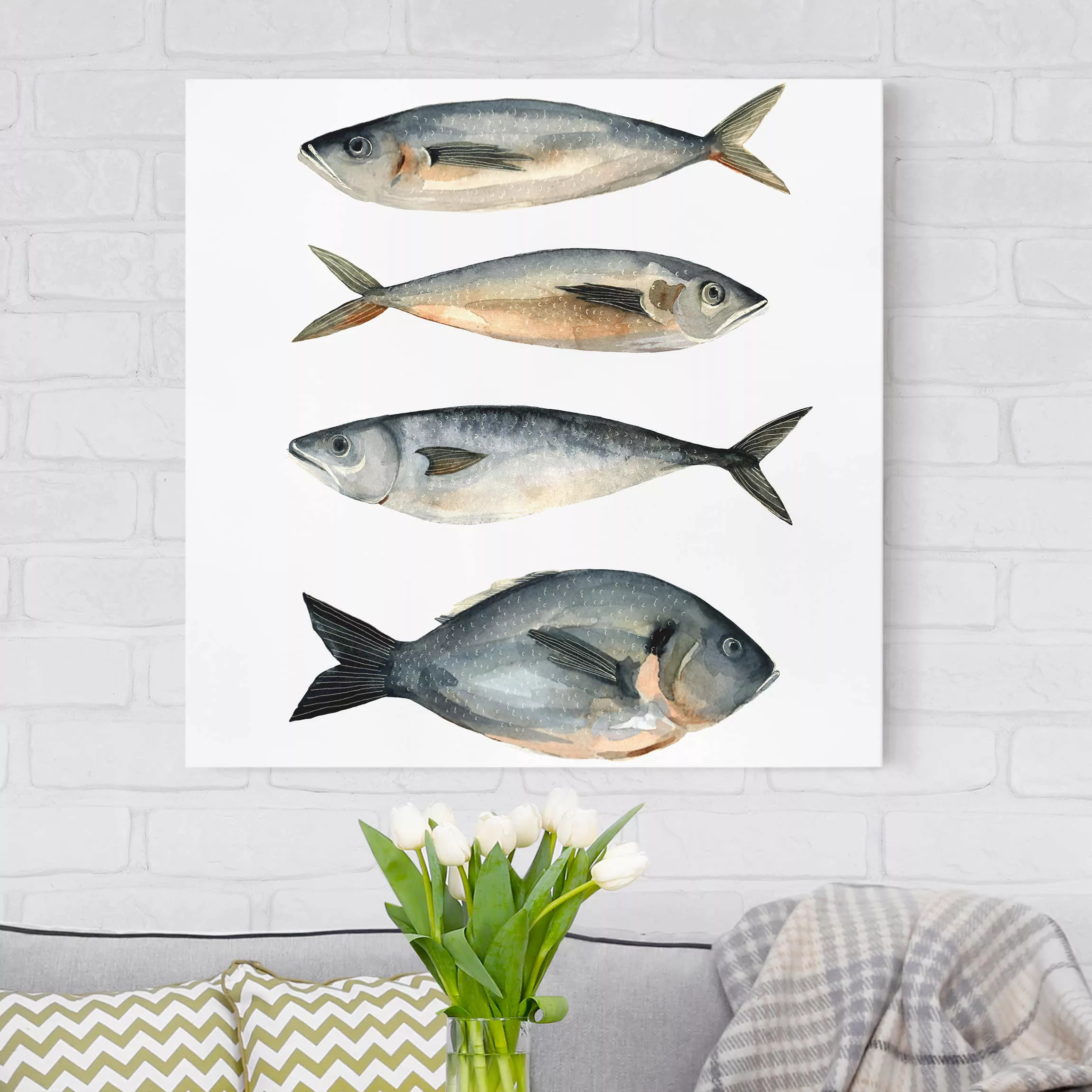 Leinwandbild Botanik - Quadrat Vier Fische in Aquarell I günstig online kaufen