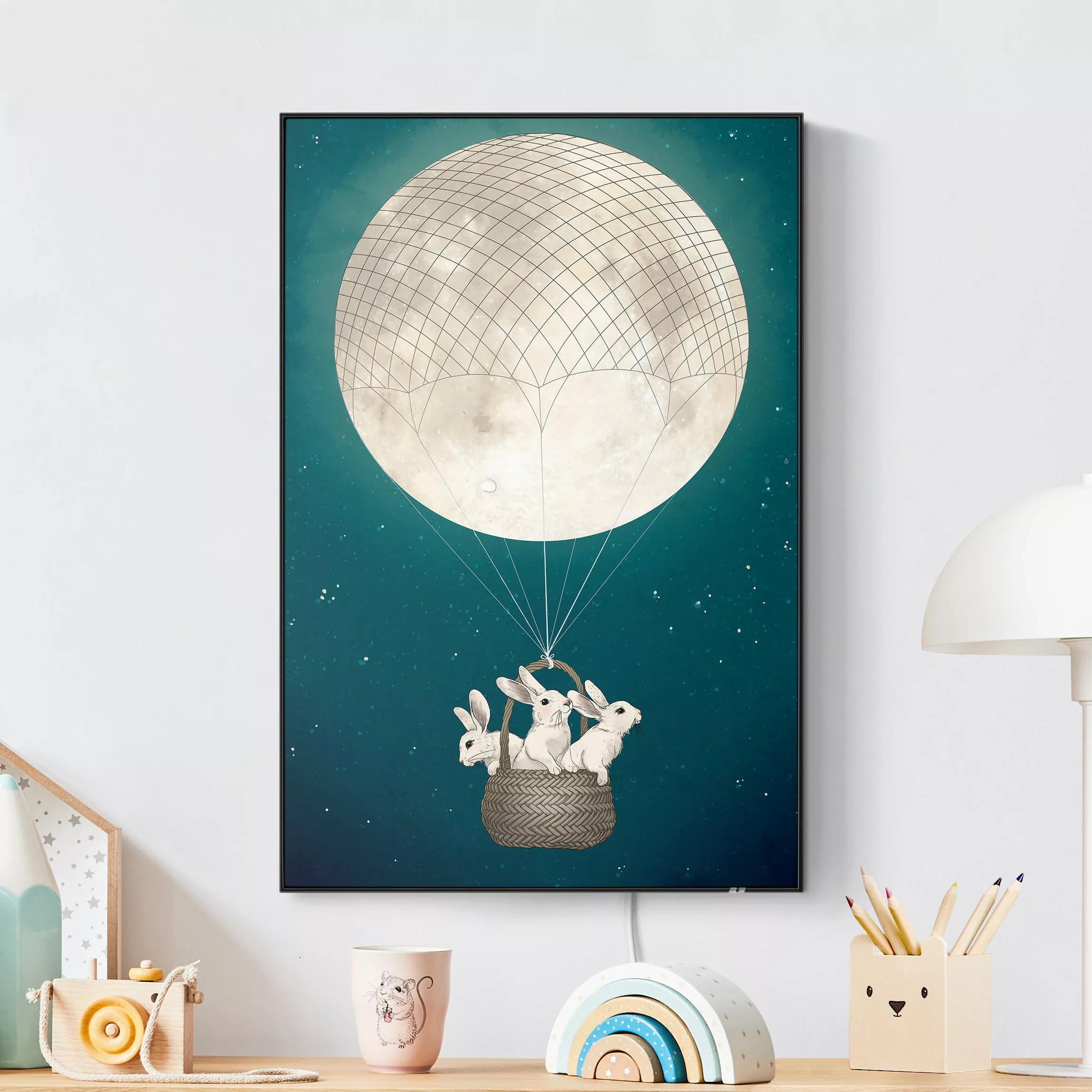 LED-Wechselbild Illustration Hasen Mond-Heißluftballon Sternenhimmel günstig online kaufen