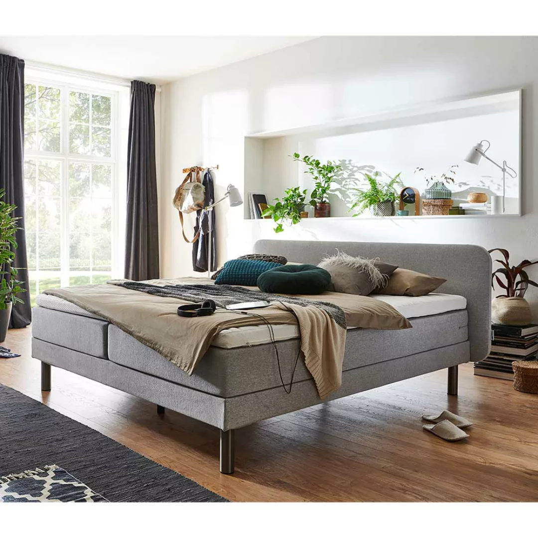 Modernes Boxspring Bett in Hellgrau Gestell Chromfarben günstig online kaufen