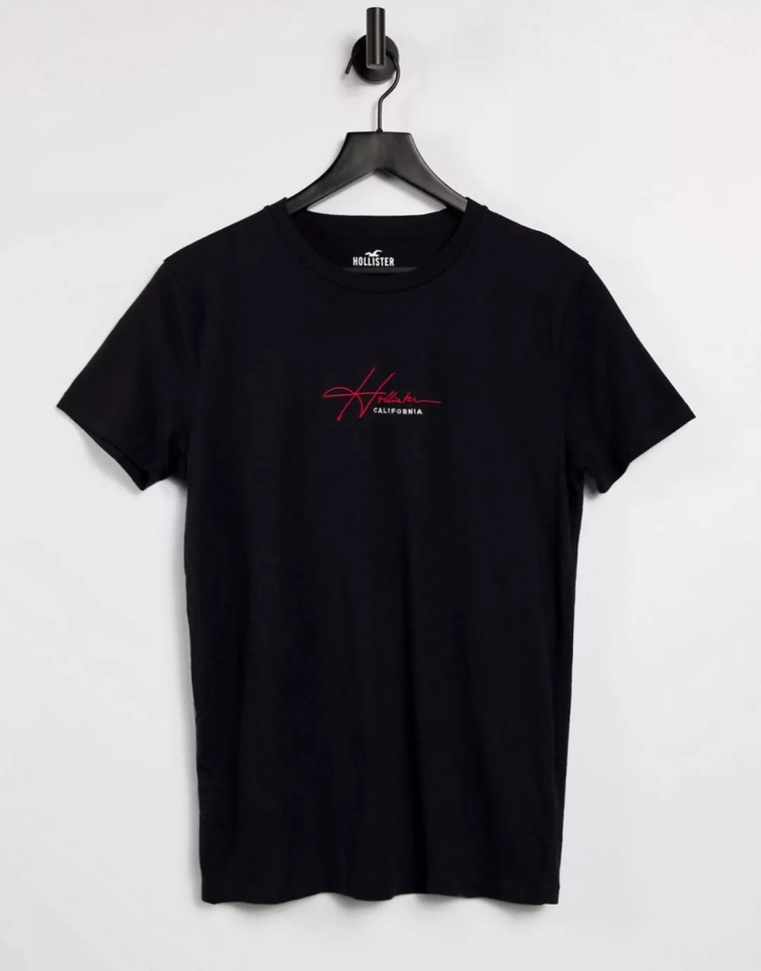 Hollister – Schwarzes T-Shirt mit mittigem Logo-Schriftzug günstig online kaufen