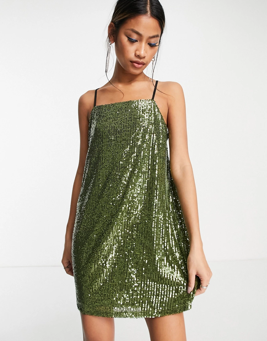 Topshop – Kurzes Trägerkleid mit eckigem Ausschnitt in Grün günstig online kaufen