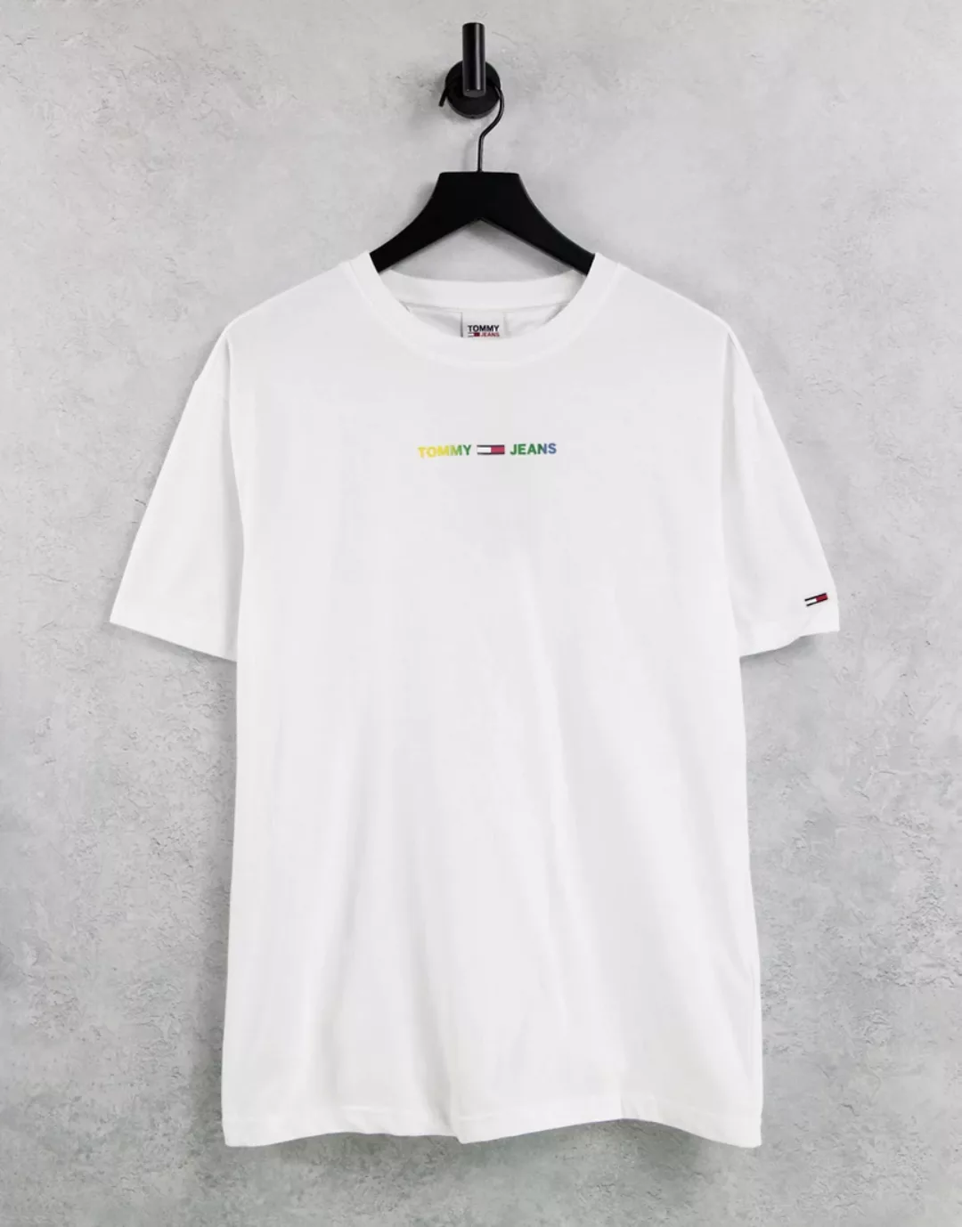 Tommy Jeans – T-Shirt mit buntem, linearem Logo in Weiß günstig online kaufen