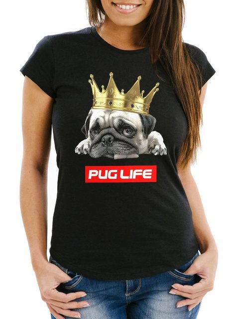 MoonWorks Print-Shirt Damen T-Shirt Pug Life Mops mit Krone Slim Fit Moonwo günstig online kaufen
