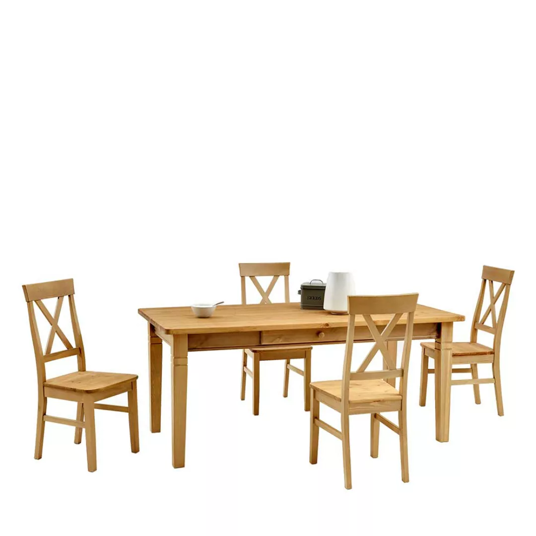 Esstisch mit Stühlen aus Kiefer Massivholz Landhaus (fünfteilig) günstig online kaufen