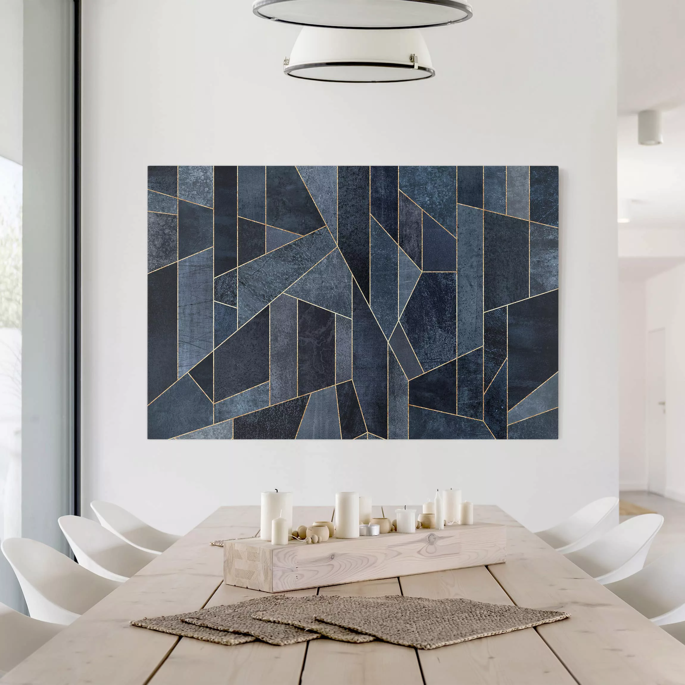Leinwandbild Abstrakt - Querformat Blaue Geometrie Aquarell günstig online kaufen