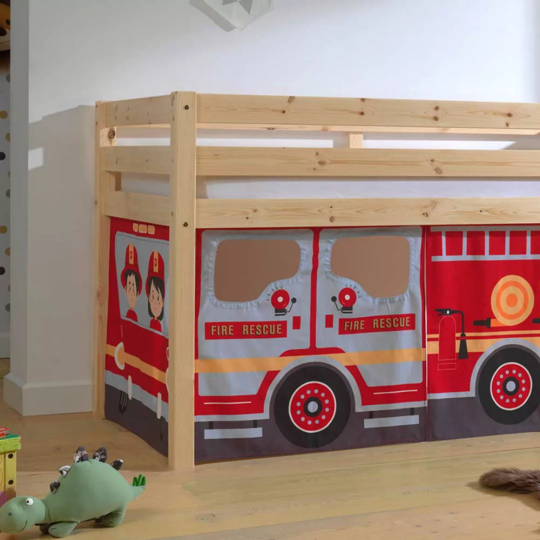 Halbhochbett mit Vorhang Set Feuerwehr Motiv Kiefer Massivholz günstig online kaufen