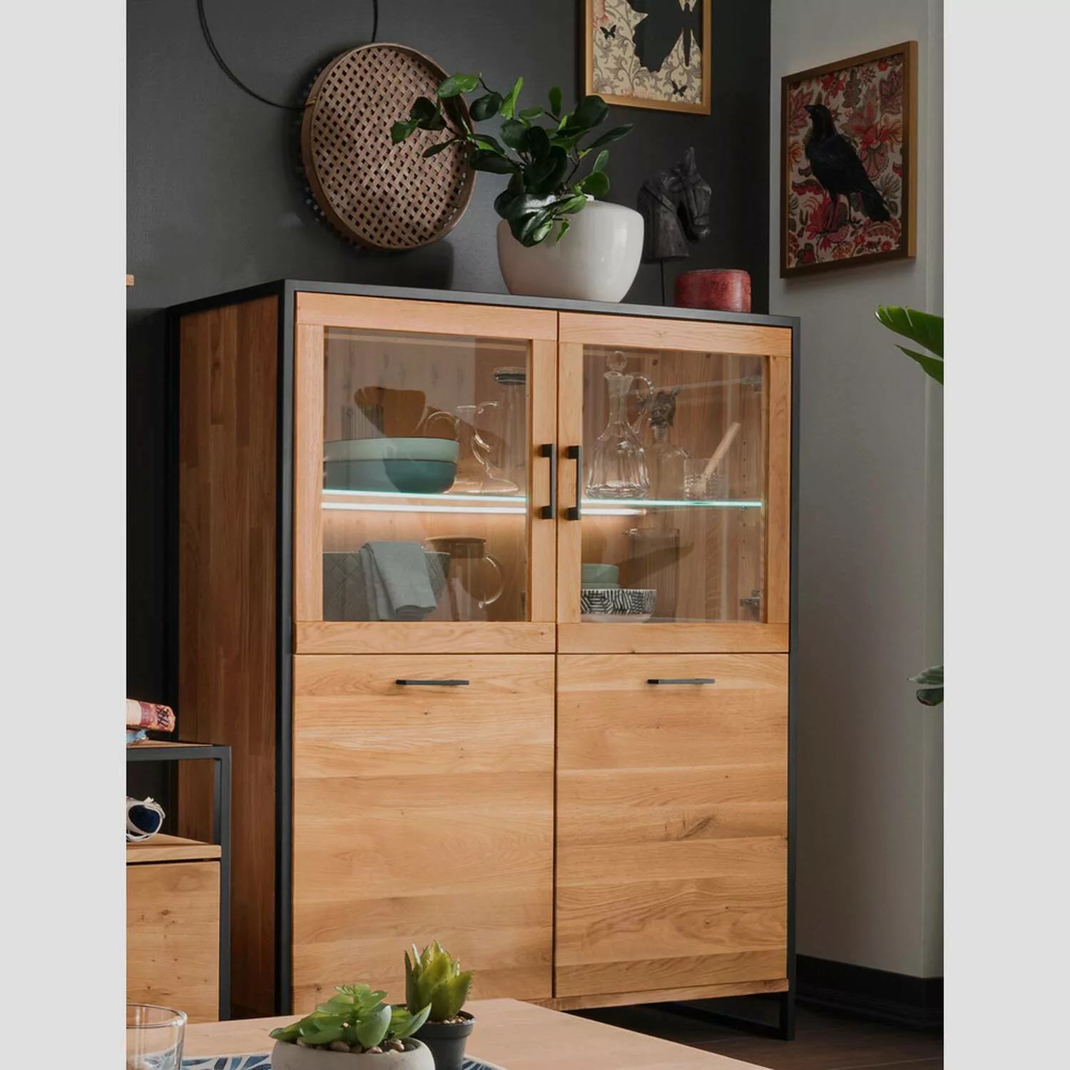 Highboard Eiche massiv geölt FORST-64, inkl. Beleuchtung, B/H/T: ca. 115/13 günstig online kaufen