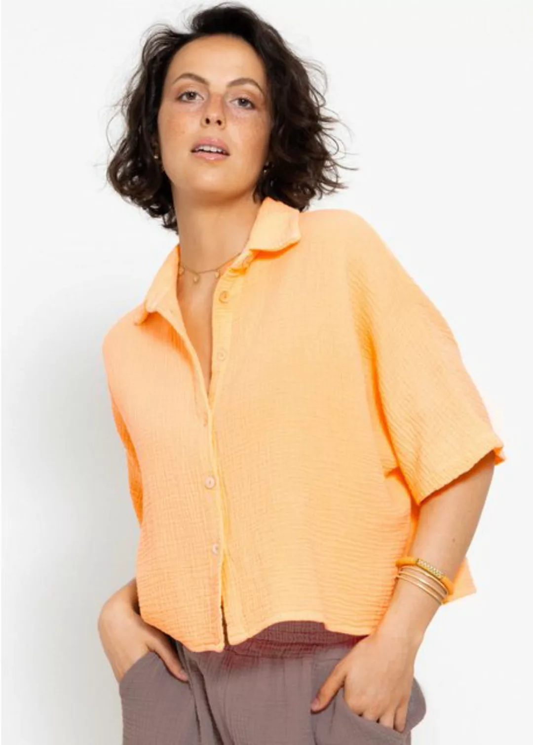 SASSYCLASSY Kurzarmbluse Musselin Bluse mit verkürzten Schnitt Baumwoll kur günstig online kaufen
