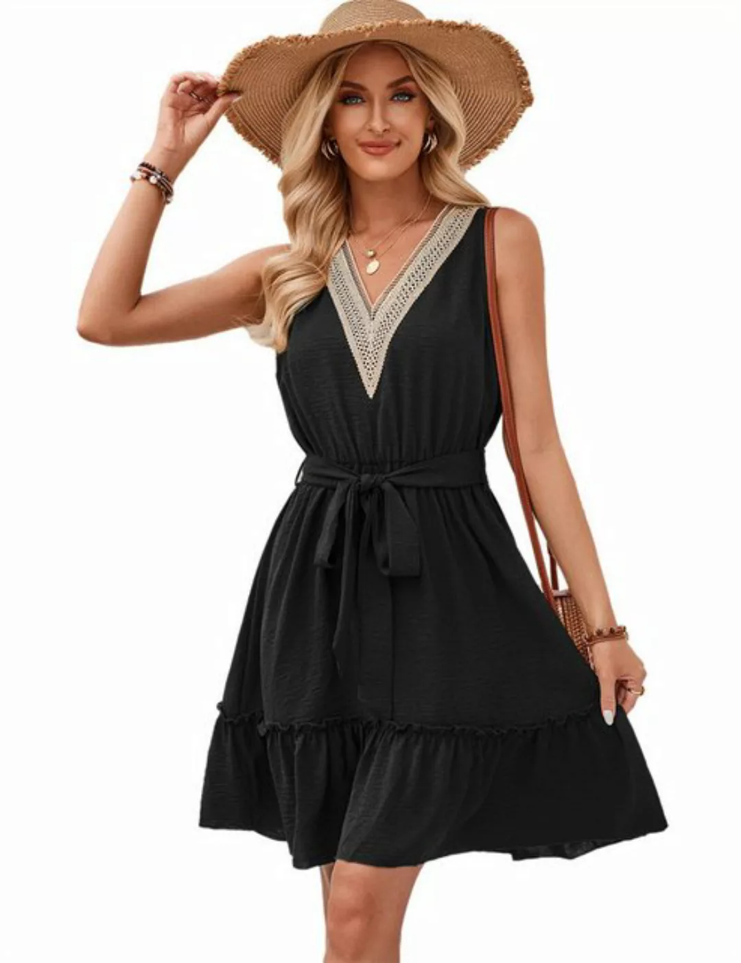 ZWY Sommerkleid Damenkleid mit V-Ausschnitt, ärmelloser Rock mit Gürtel (Kl günstig online kaufen