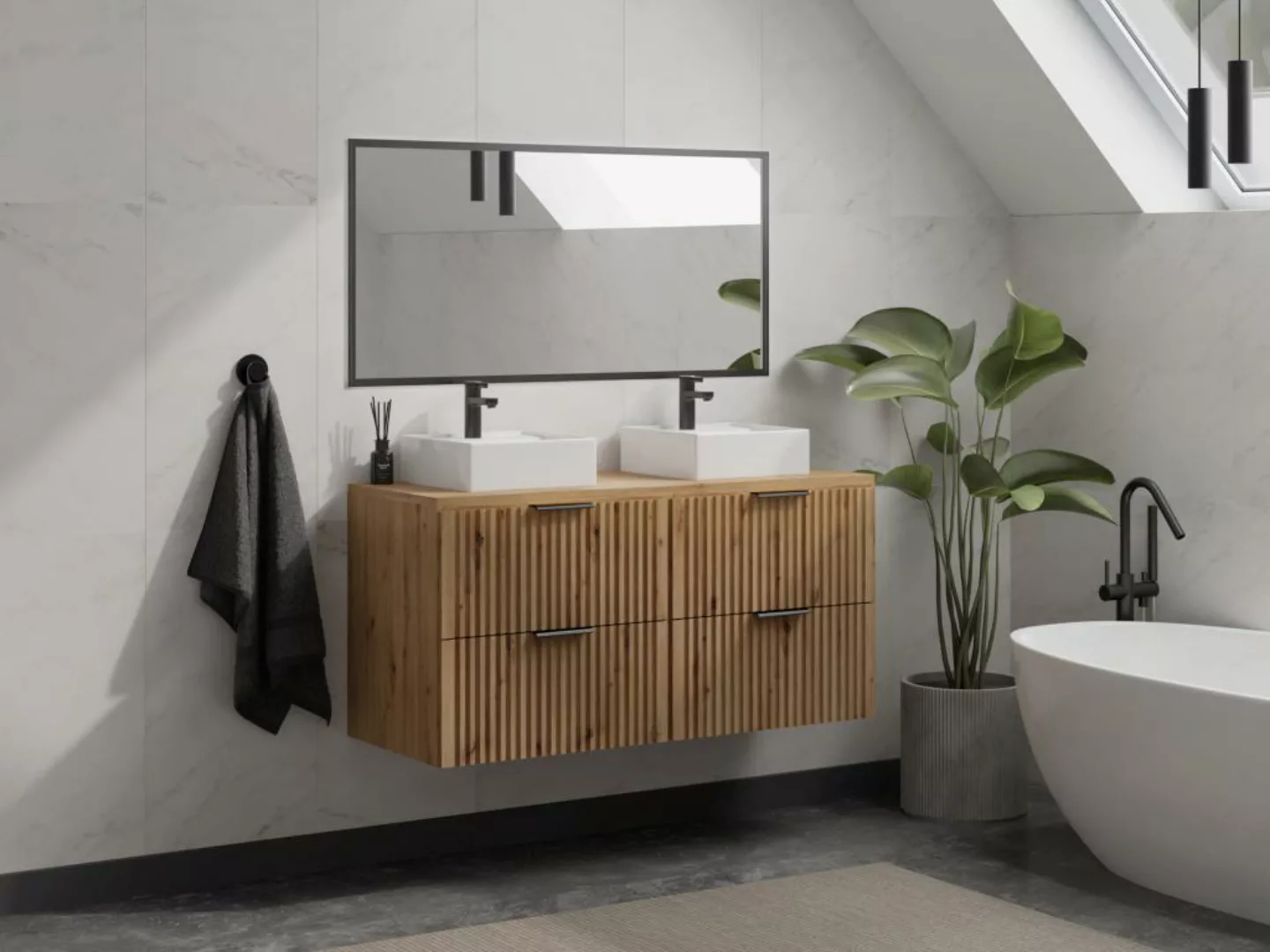 Waschbeckenunterschrank hängend mit Aufsatzplatte - Streifenoptik - Holzfar günstig online kaufen