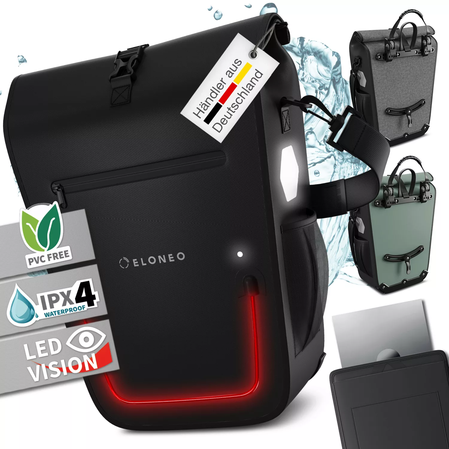 ELONEO Fahrradtasche für Laptop, wasserdicht mit LED, 25L, Schwarz günstig online kaufen