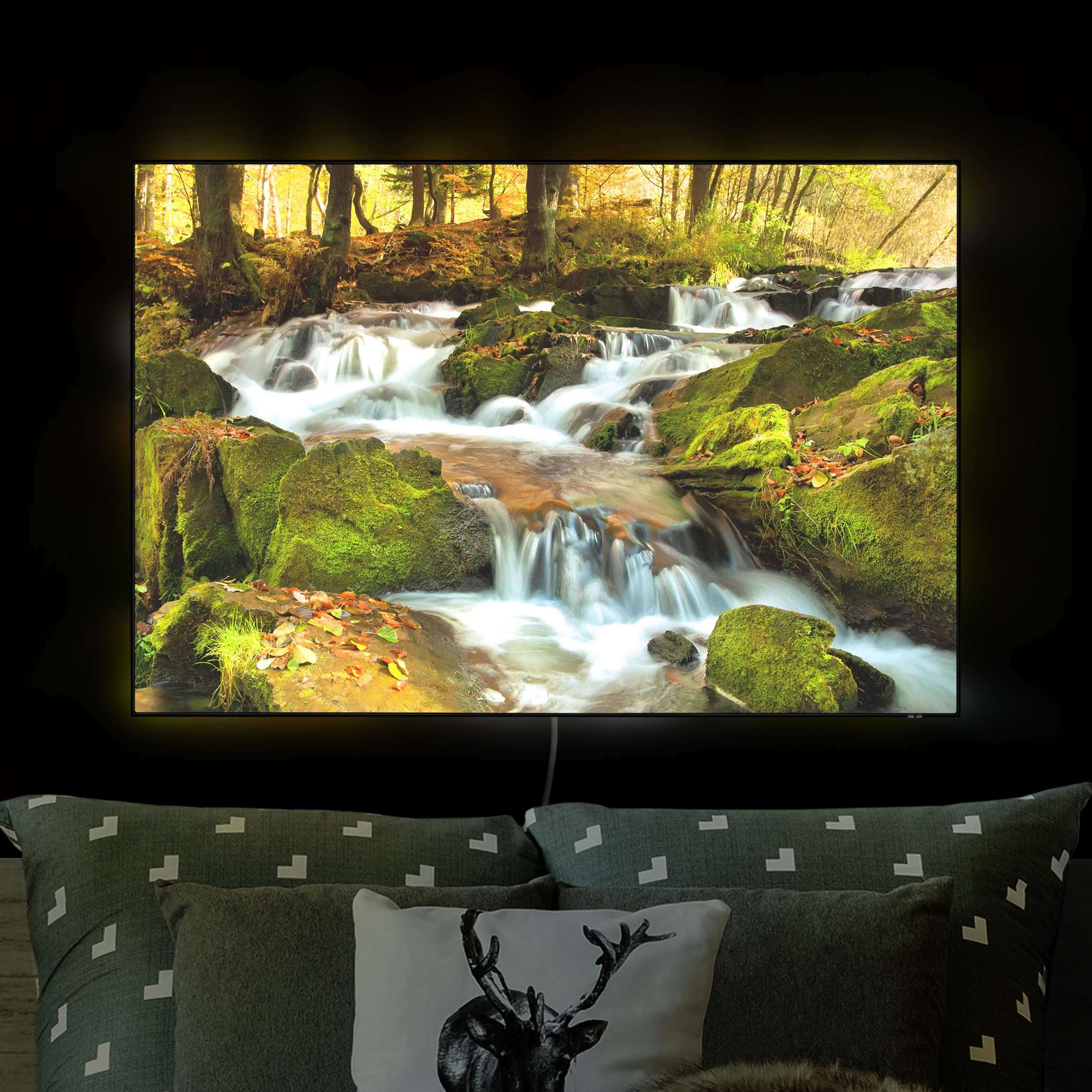 LED-Wechselbild Wasserfall herbstlicher Wald günstig online kaufen