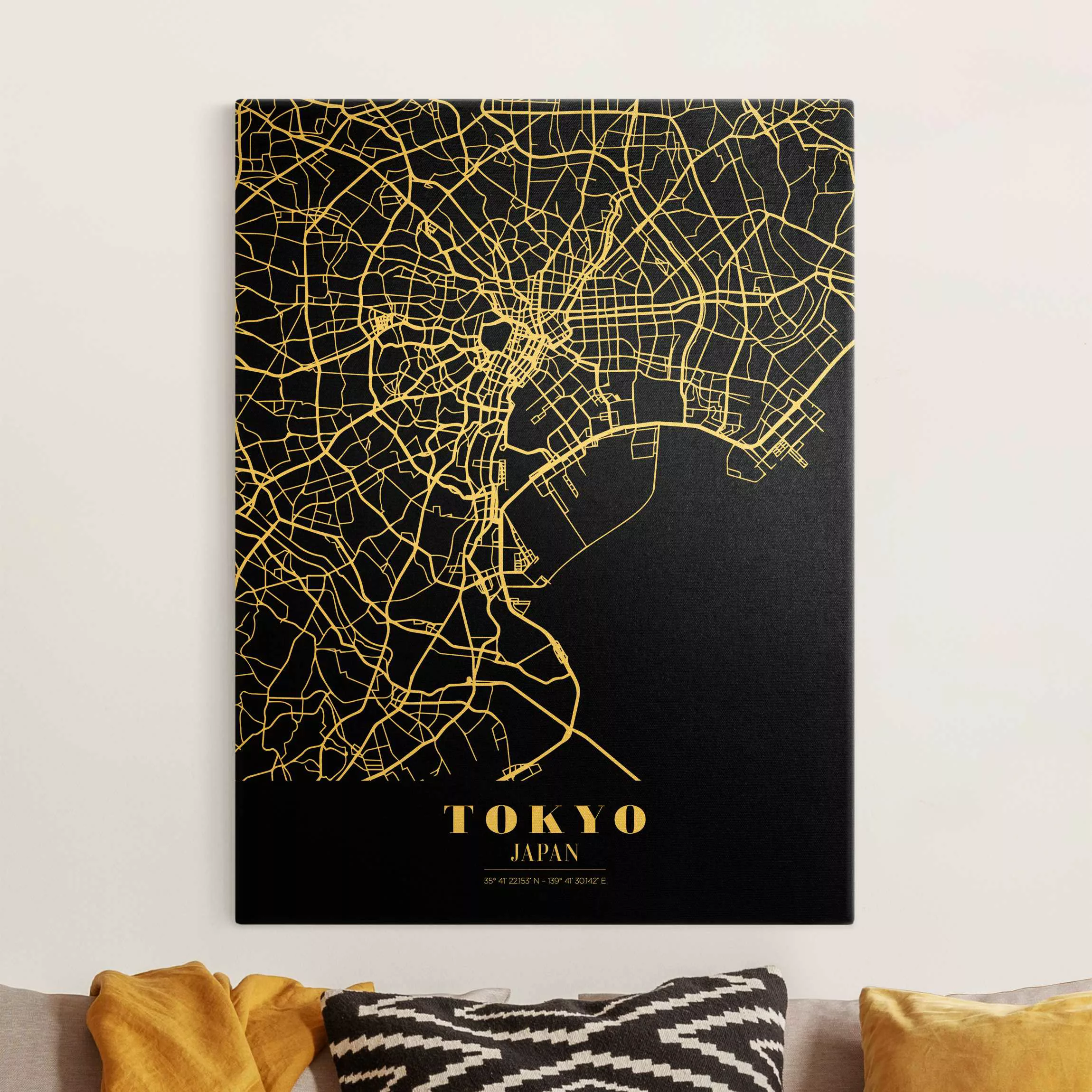 Leinwandbild Gold Stadtplan Tokyo - Klassik Schwarz günstig online kaufen