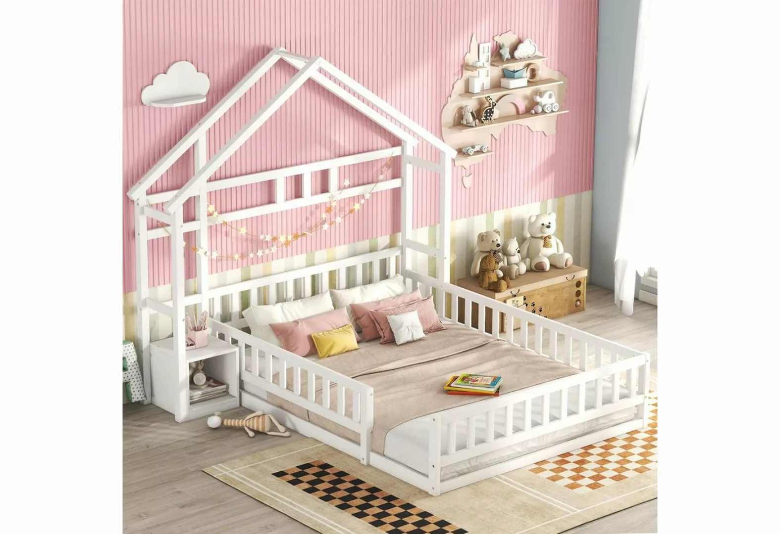 Flieks Kinderbett, Massivholzbett Hausbett mit Nachttisch und Lattenrost 14 günstig online kaufen